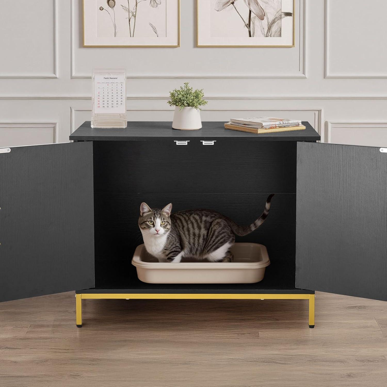 image:imageVEVOR Cat Litter Box Enclosure Furniture 236 in Hidden Litter Box Cabinet with Storage Shelves Modern Style Waterproof Washroom Side Table Cat House Fit Most of Litterbox for Living RoomBlack
