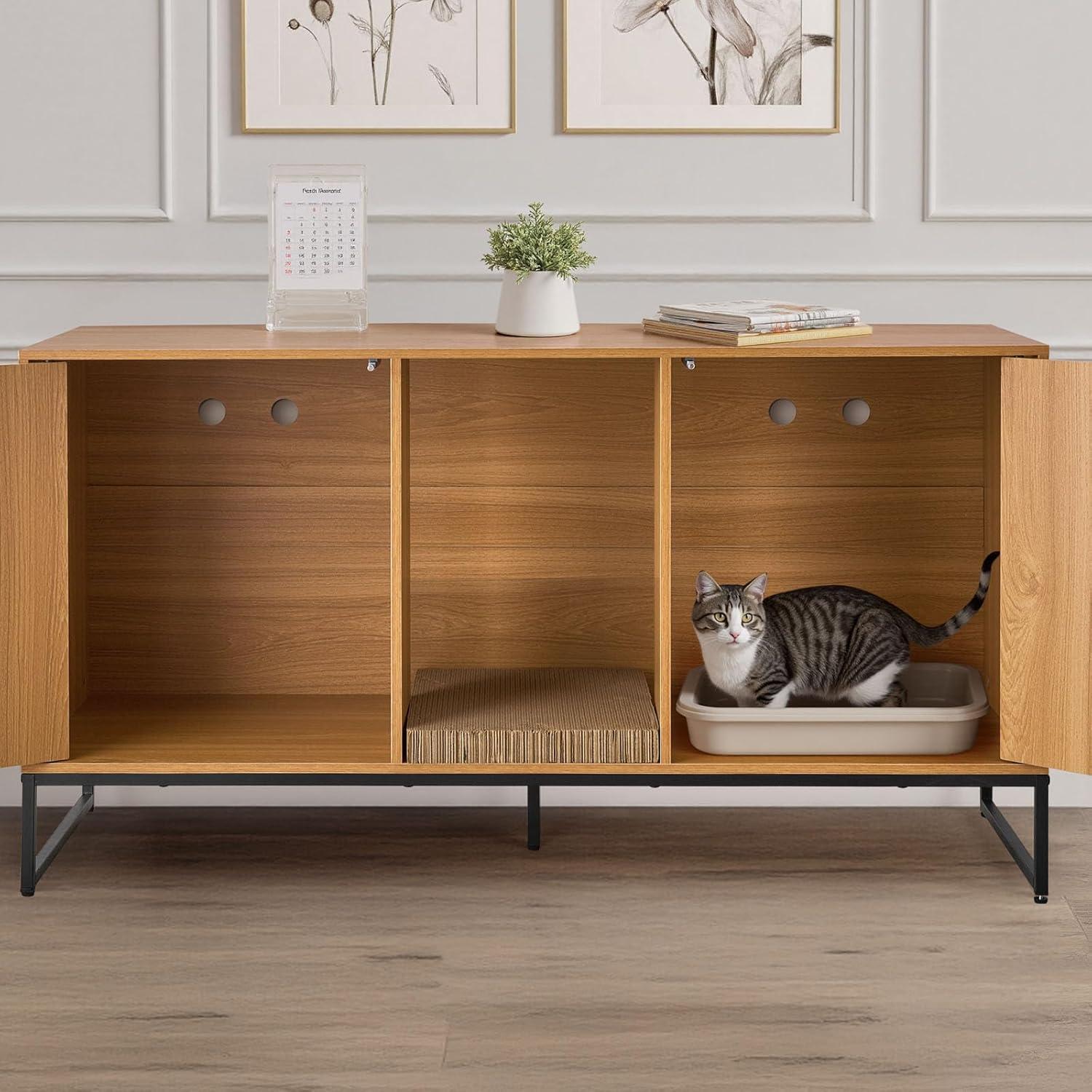 image:imageVEVOR Cat Litter Box Enclosure Furniture 236 in Hidden Litter Box Cabinet with Storage Shelves Modern Style Waterproof Washroom Side Table Cat House Fit Most of Litterbox for Living RoomNatural wood colour