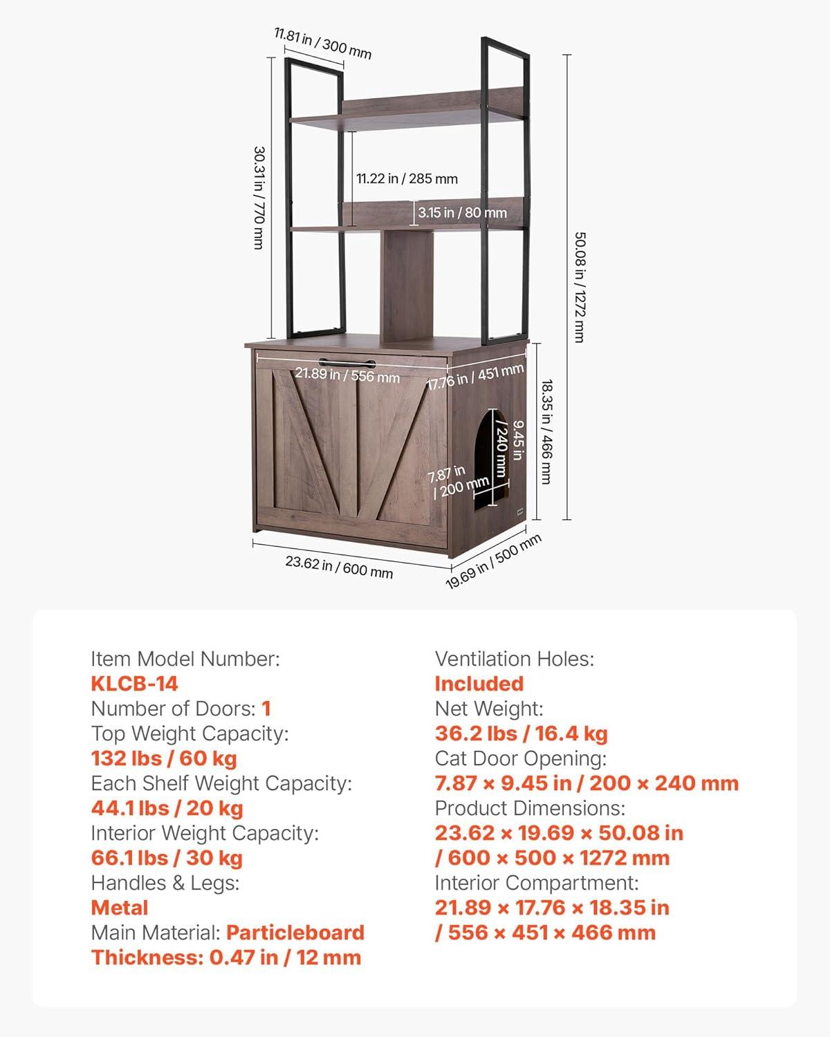image:imageVEVOR Cat Litter Box Enclosure Furniture 236 in Hidden Litter Box Cabinet with Storage Shelves Modern Style Waterproof Washroom Side Table Cat House Fit Most of Litterbox for Living RoomGrey