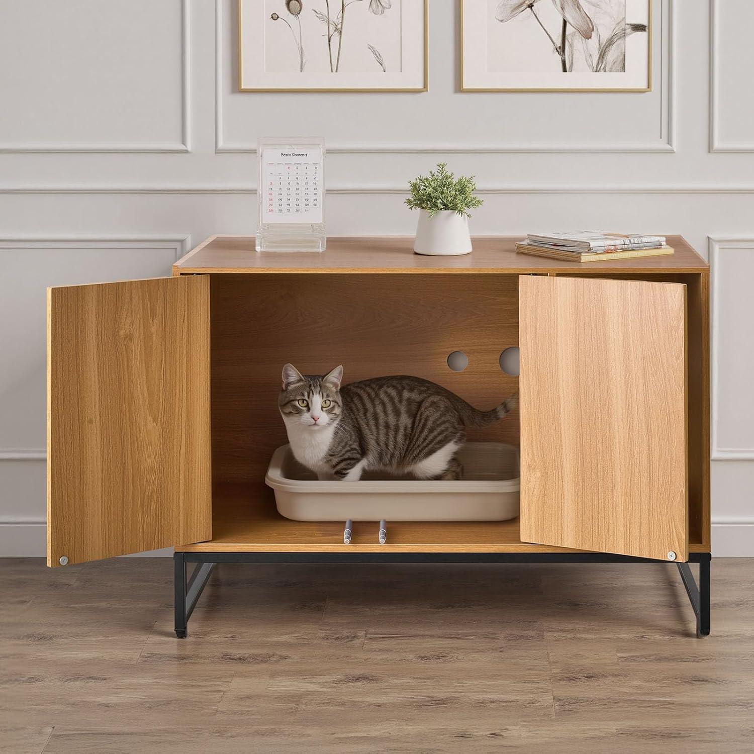 image:imageVEVOR Cat Litter Box Enclosure Furniture 236 in Hidden Litter Box Cabinet with Storage Shelves Modern Style Waterproof Washroom Side Table Cat House Fit Most of Litterbox for Living RoomNatural wood colour
