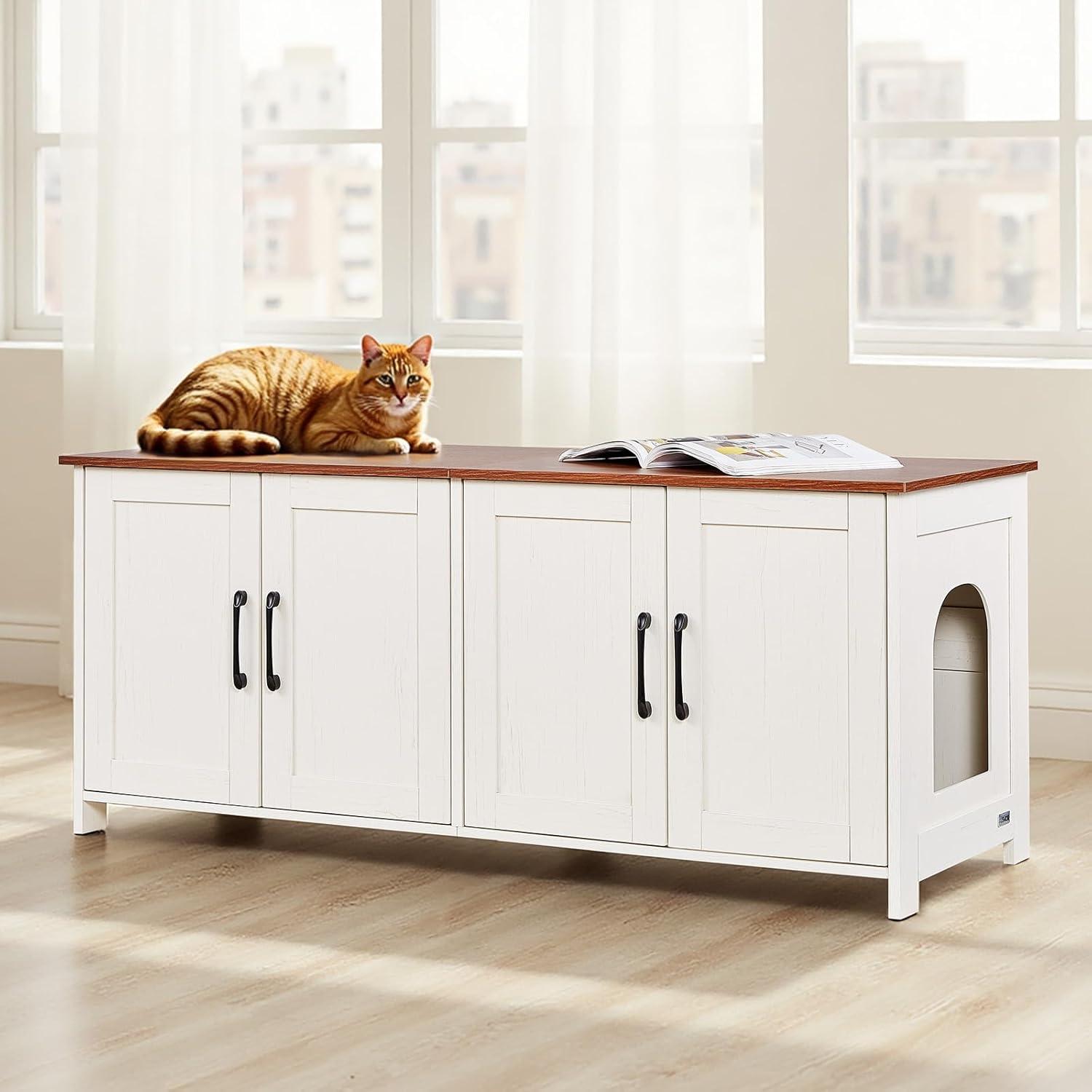 image:imageVEVOR Cat Litter Box Enclosure for 2 Cats Litter Box Furniture Hidden with Double Rooms Wooden Cat Box Cabinet Fit Most of Litter Box 472 L x 185 W x 197 H White