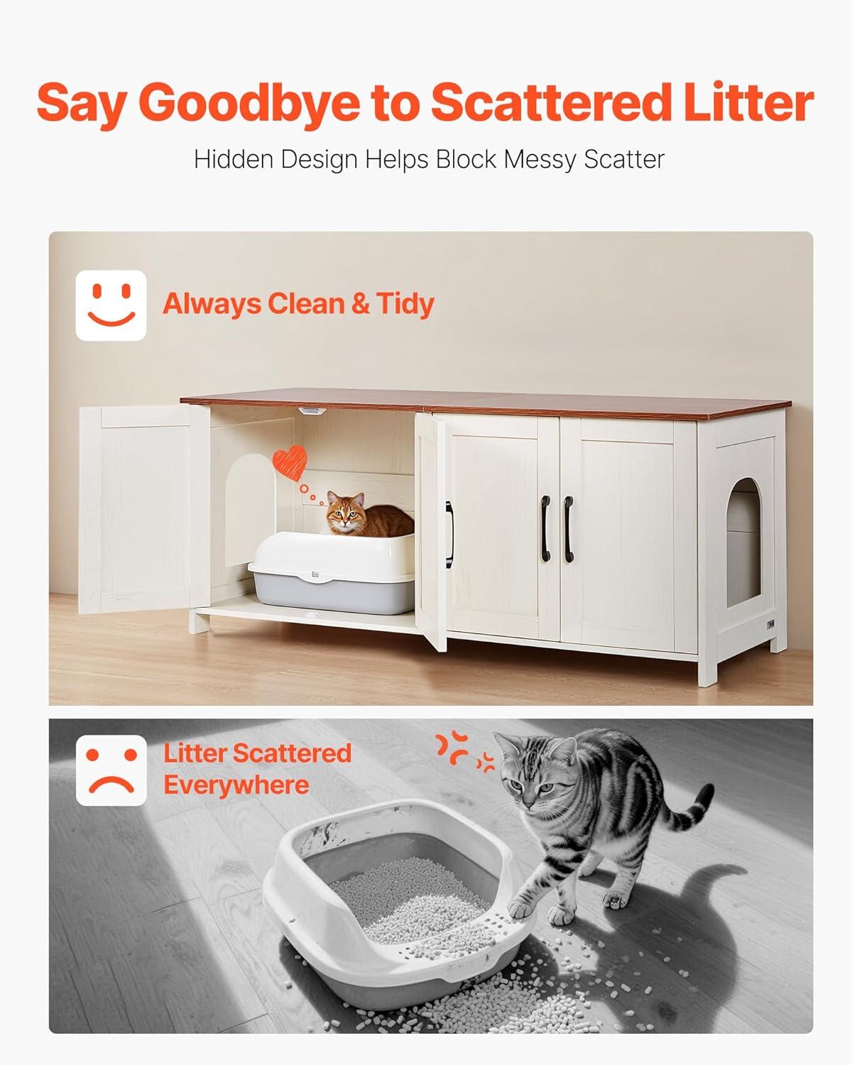 image:imageVEVOR Cat Litter Box Enclosure for 2 Cats Litter Box Furniture Hidden with Double Rooms Wooden Cat Box Cabinet Fit Most of Litter Box 472 L x 185 W x 197 H White
