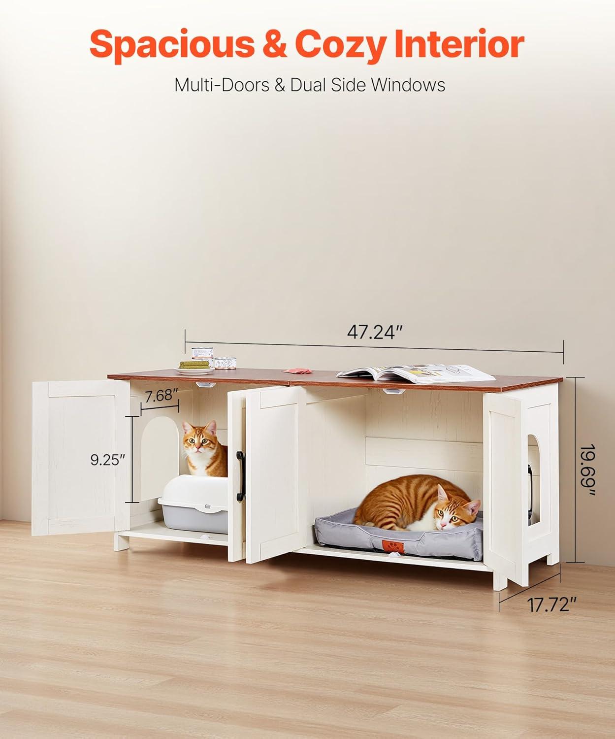 image:imageVEVOR Cat Litter Box Enclosure for 2 Cats Litter Box Furniture Hidden with Double Rooms Wooden Cat Box Cabinet Fit Most of Litter Box 472 L x 185 W x 197 H White