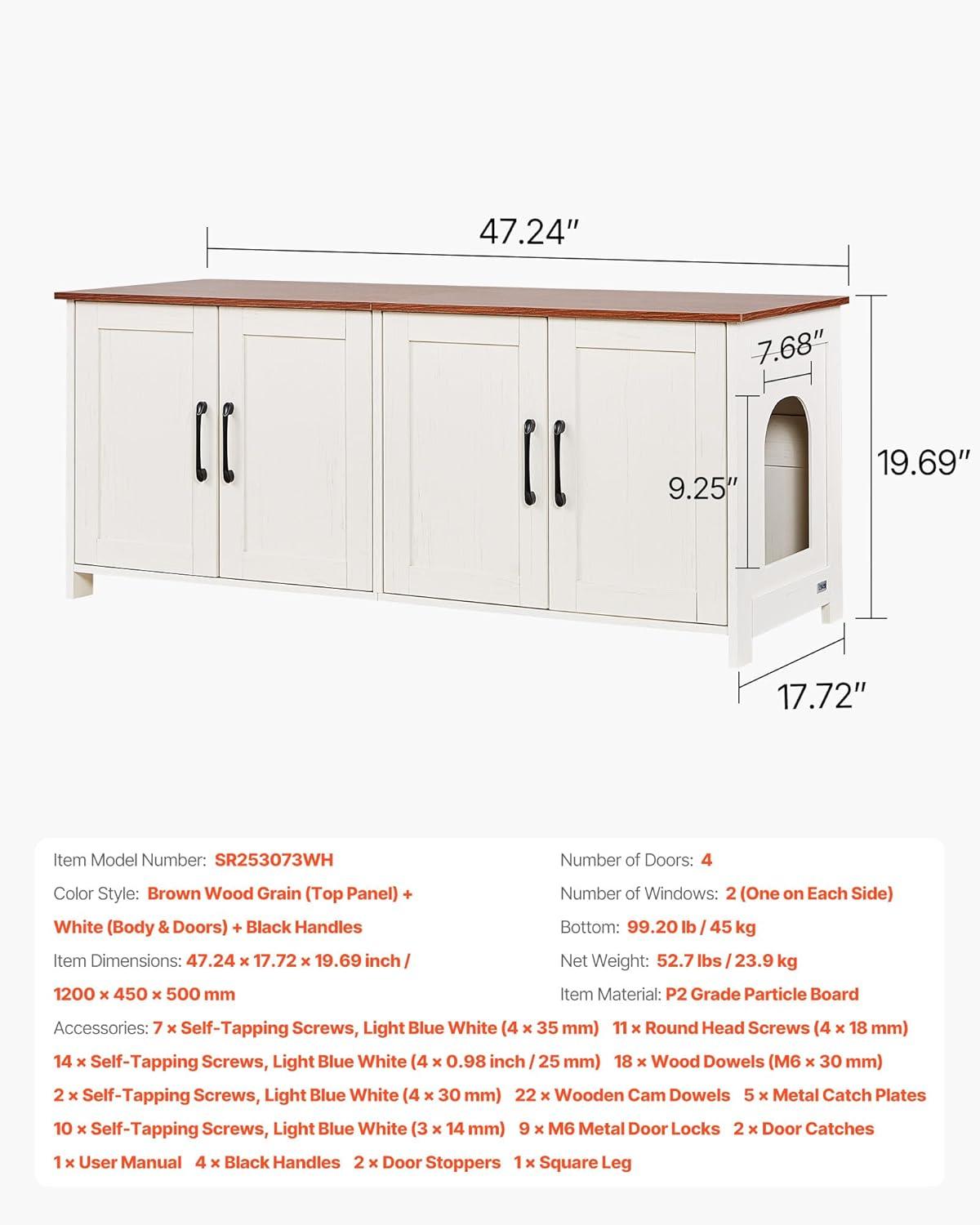 image:imageVEVOR Cat Litter Box Enclosure for 2 Cats Litter Box Furniture Hidden with Double Rooms Wooden Cat Box Cabinet Fit Most of Litter Box 472 L x 185 W x 197 H White