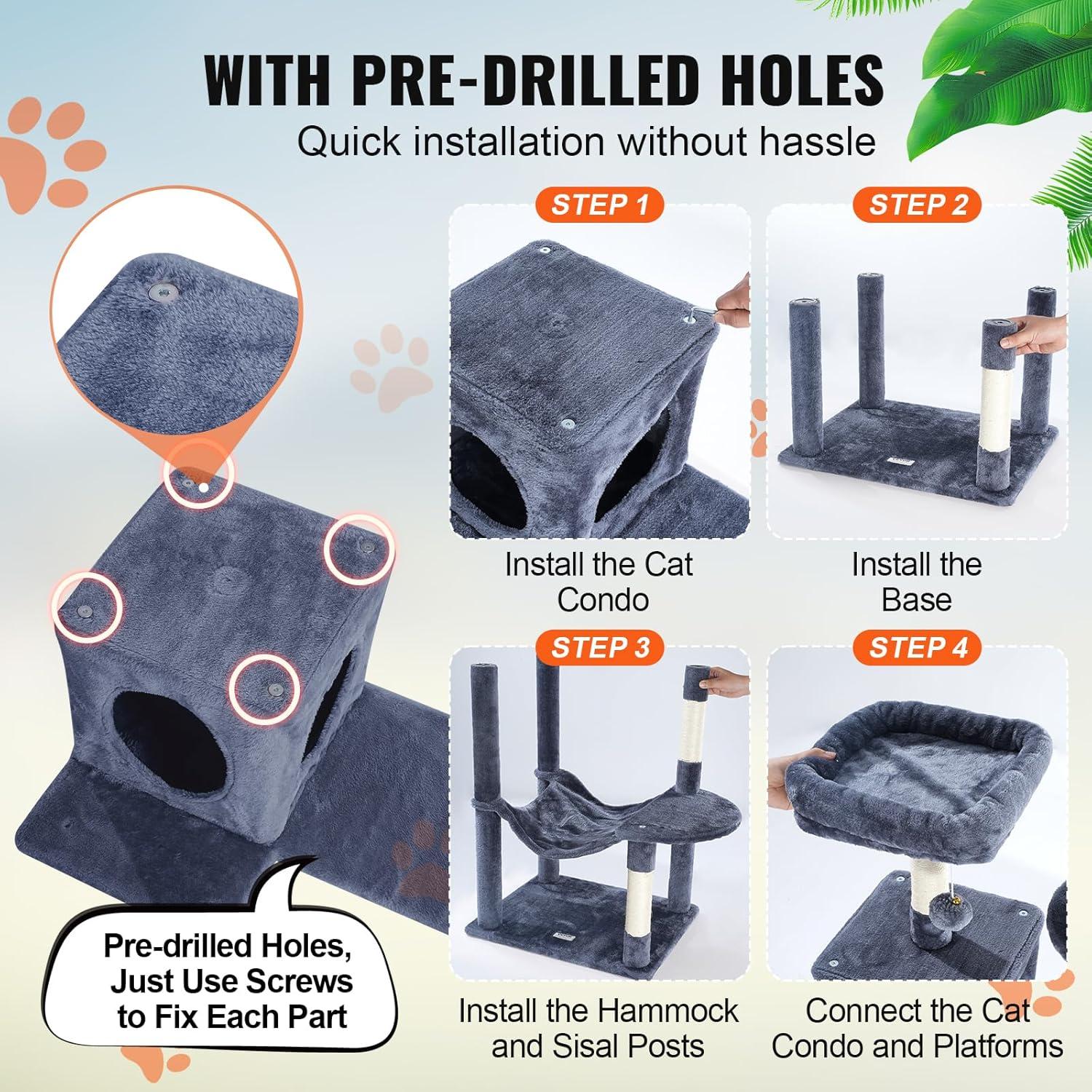 image:imageVEVOR Cat Tree for Indoor Cats 606 Cat Tower with Cat Condo Sisal Scratching Post Hammock Top Perch Jumping Platforms Large Cat Furniture Activity Center with Hang Ball Light GreyDark Grey