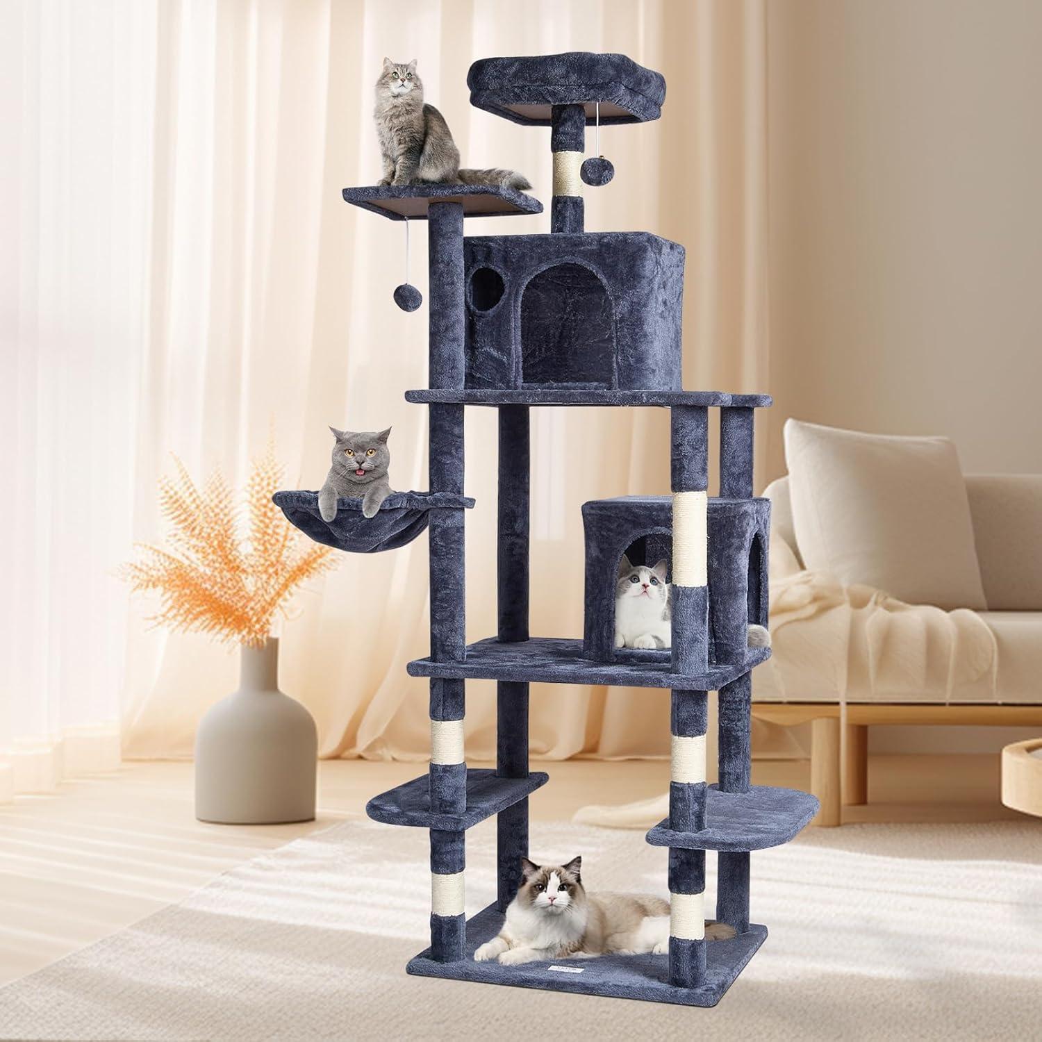 image:imageVEVOR Cat Tree for Indoor Cats 606 Cat Tower with Cat Condo Sisal Scratching Post Hammock Top Perch Jumping Platforms Large Cat Furniture Activity Center with Hang Ball Light GreyDark Grey