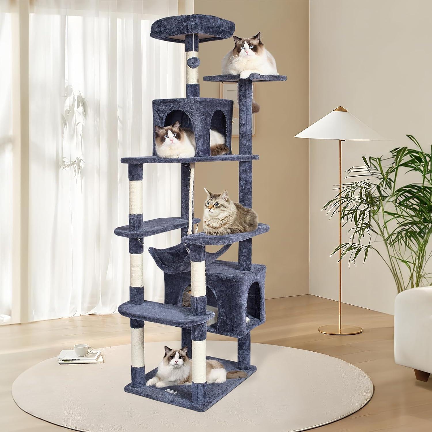 image:imageVEVOR Cat Tree for Indoor Cats 606 Cat Tower with Cat Condo Sisal Scratching Post Hammock Top Perch Jumping Platforms Large Cat Furniture Activity Center with Hang Ball Light GreyDark Grey