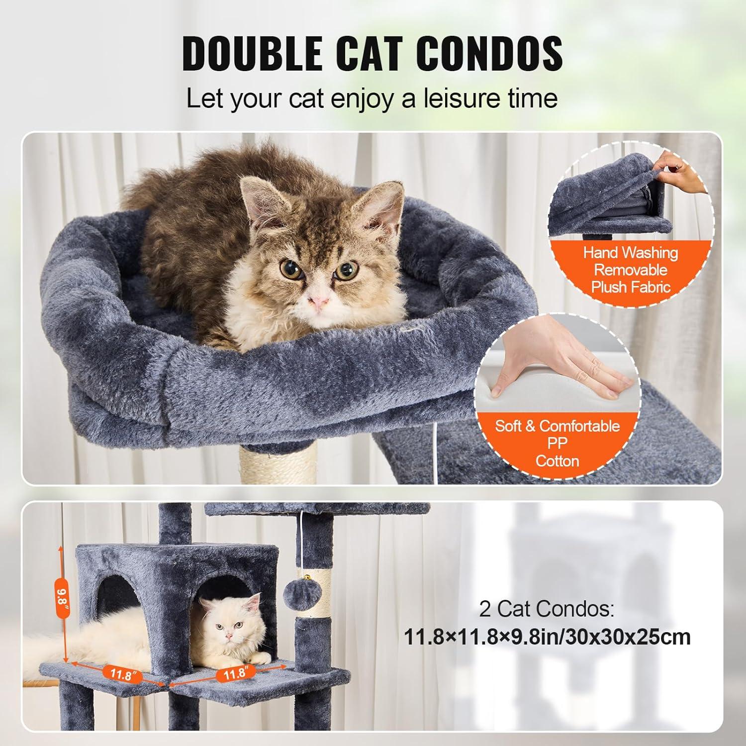 image:imageVEVOR Cat Tree for Indoor Cats 606 Cat Tower with Cat Condo Sisal Scratching Post Hammock Top Perch Jumping Platforms Large Cat Furniture Activity Center with Hang Ball Light GreyDark Grey