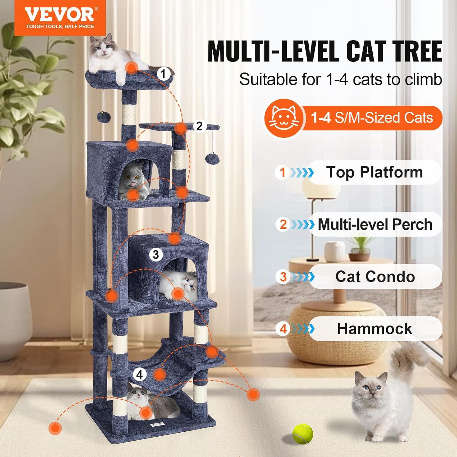 image:imageVEVOR Cat Tree for Indoor Cats 606 Cat Tower with Cat Condo Sisal Scratching Post Hammock Top Perch Jumping Platforms Large Cat Furniture Activity Center with Hang Ball Light GreyDark Grey