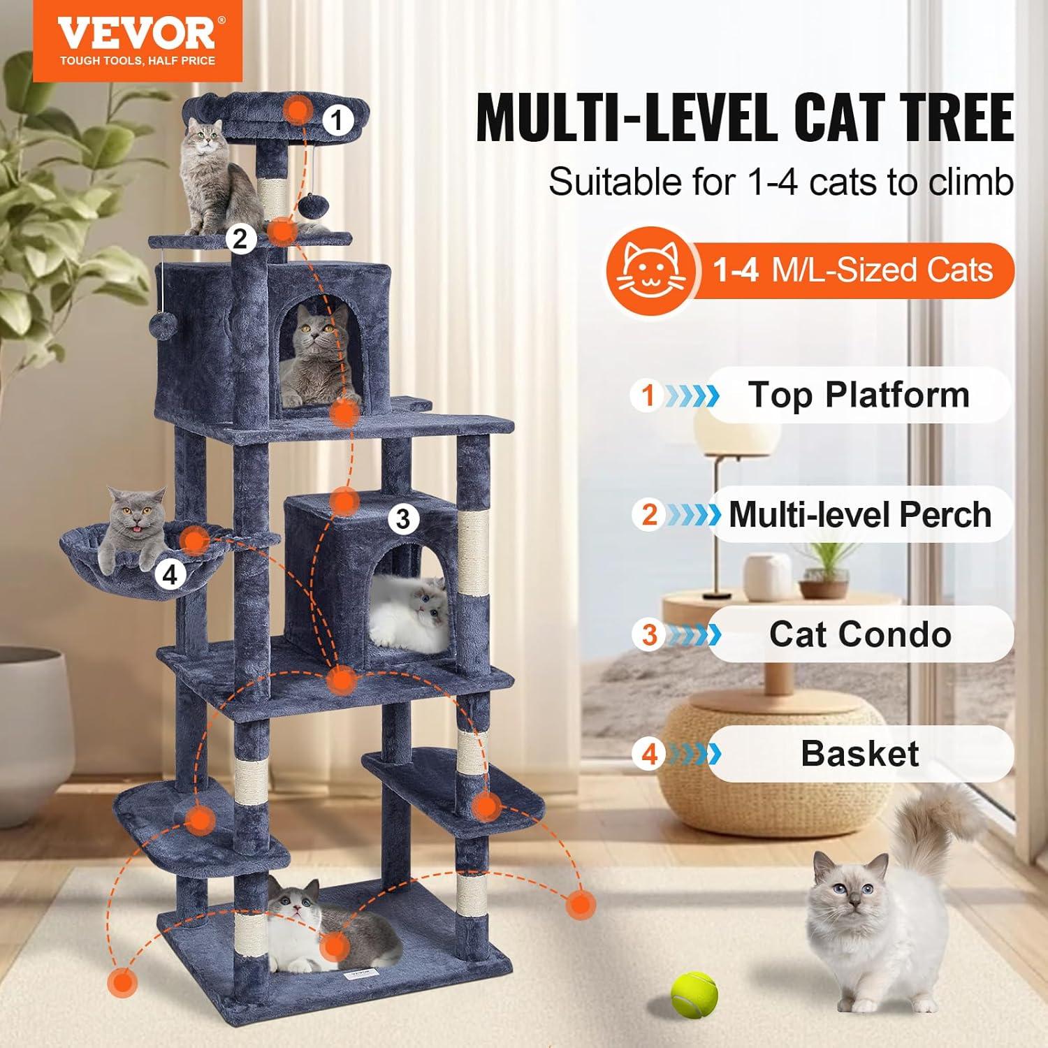 image:imageVEVOR Cat Tree for Indoor Cats 606 Cat Tower with Cat Condo Sisal Scratching Post Hammock Top Perch Jumping Platforms Large Cat Furniture Activity Center with Hang Ball Light GreyDark Grey