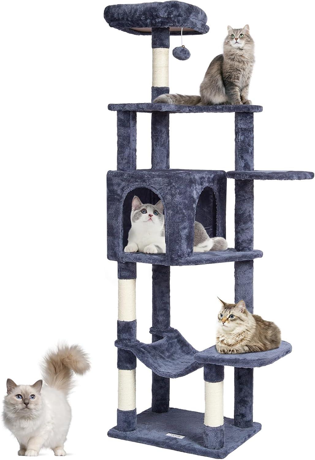 image:imageVEVOR Cat Tree for Indoor Cats 606 Cat Tower with Cat Condo Sisal Scratching Post Hammock Top Perch Jumping Platforms Large Cat Furniture Activity Center with Hang Ball Light GreyDark Grey