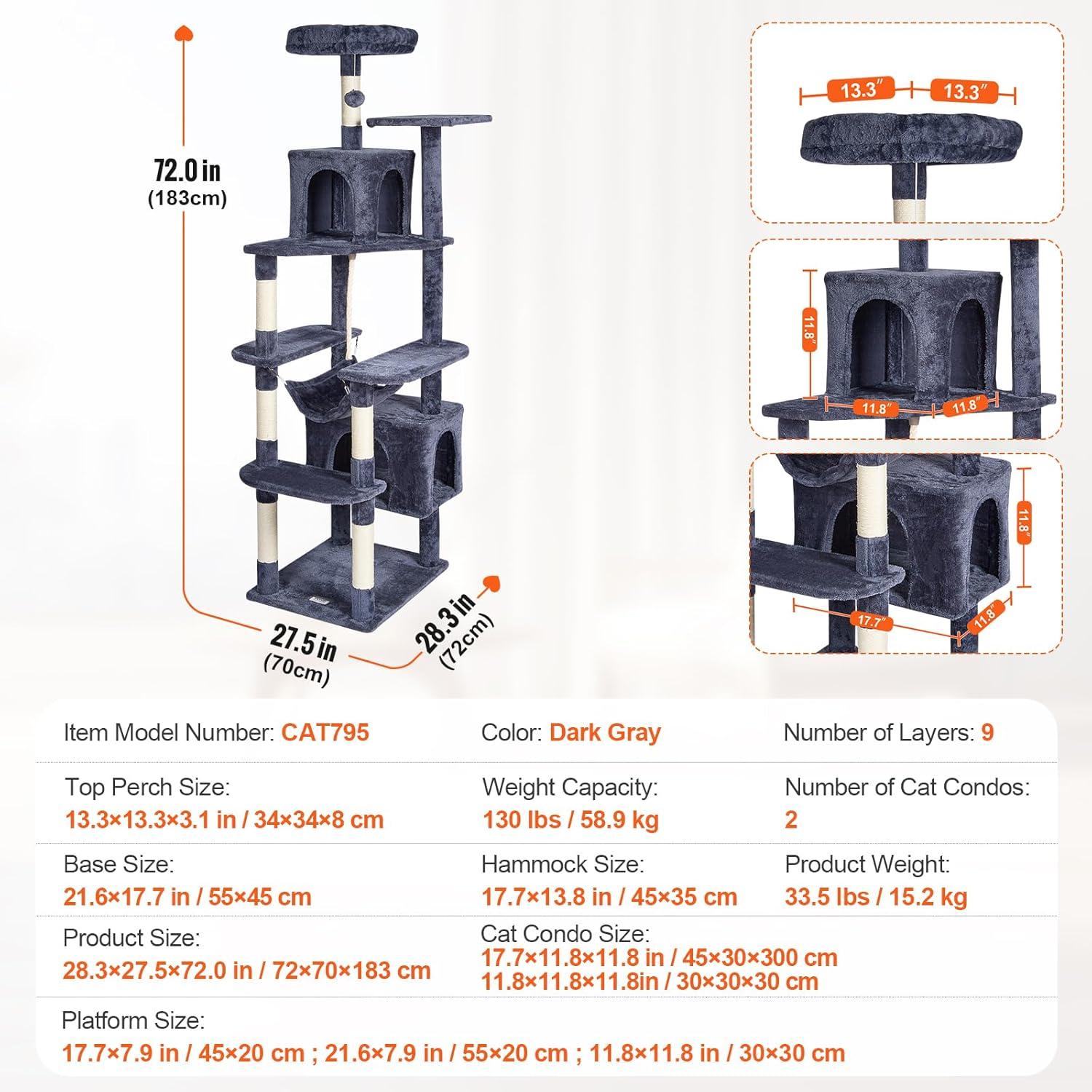 image:imageVEVOR Cat Tree for Indoor Cats 606 Cat Tower with Cat Condo Sisal Scratching Post Hammock Top Perch Jumping Platforms Large Cat Furniture Activity Center with Hang Ball Light GreyDark Grey