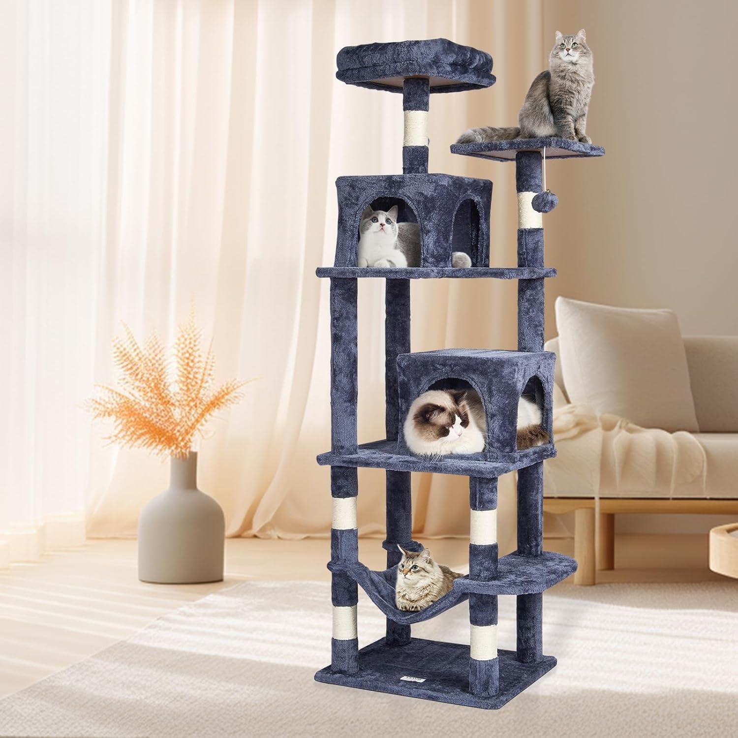 image:imageVEVOR Cat Tree for Indoor Cats 606 Cat Tower with Cat Condo Sisal Scratching Post Hammock Top Perch Jumping Platforms Large Cat Furniture Activity Center with Hang Ball Light GreyDark Grey