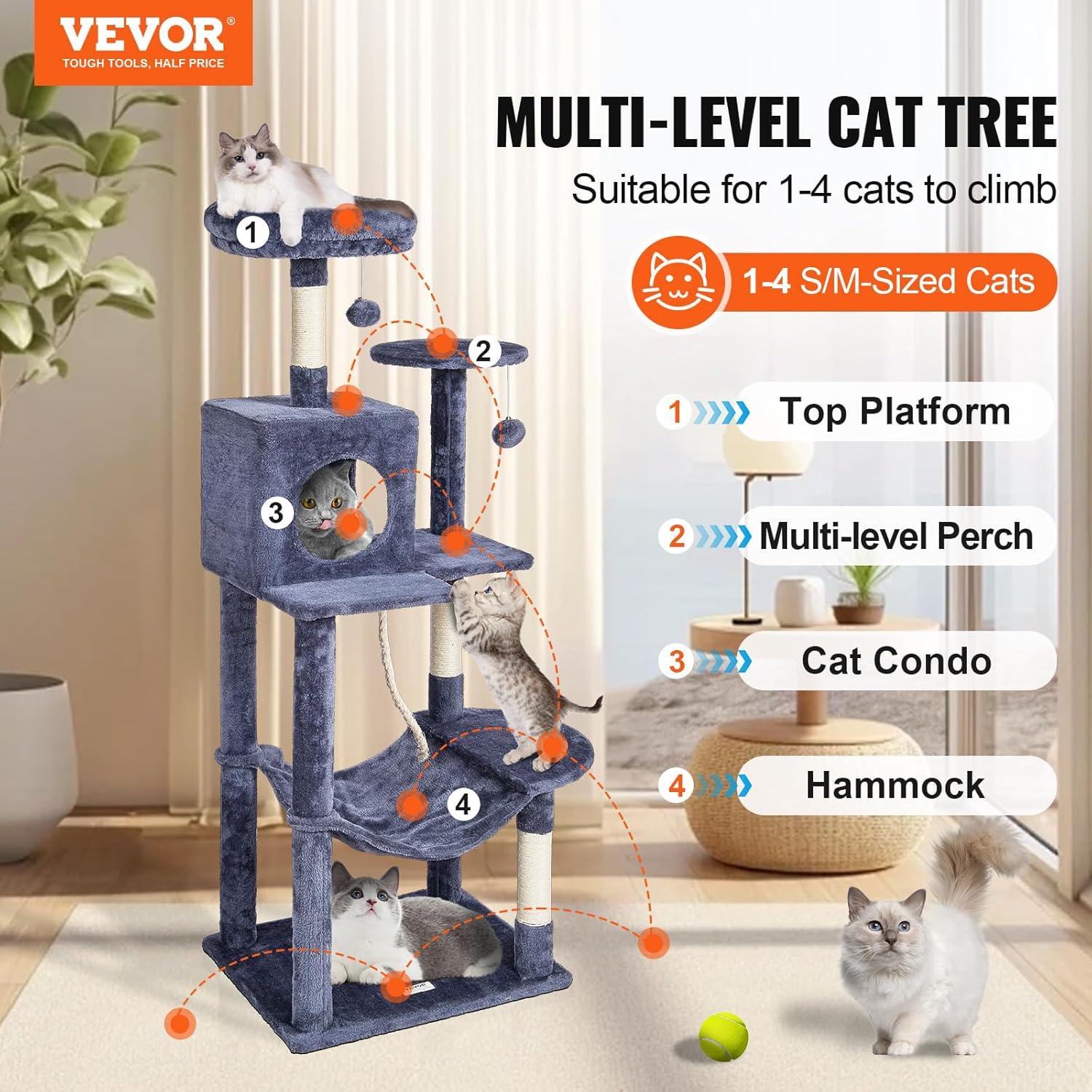 image:imageVEVOR Cat Tree for Indoor Cats 606 Cat Tower with Cat Condo Sisal Scratching Post Hammock Top Perch Jumping Platforms Large Cat Furniture Activity Center with Hang Ball Light GreyDark Grey