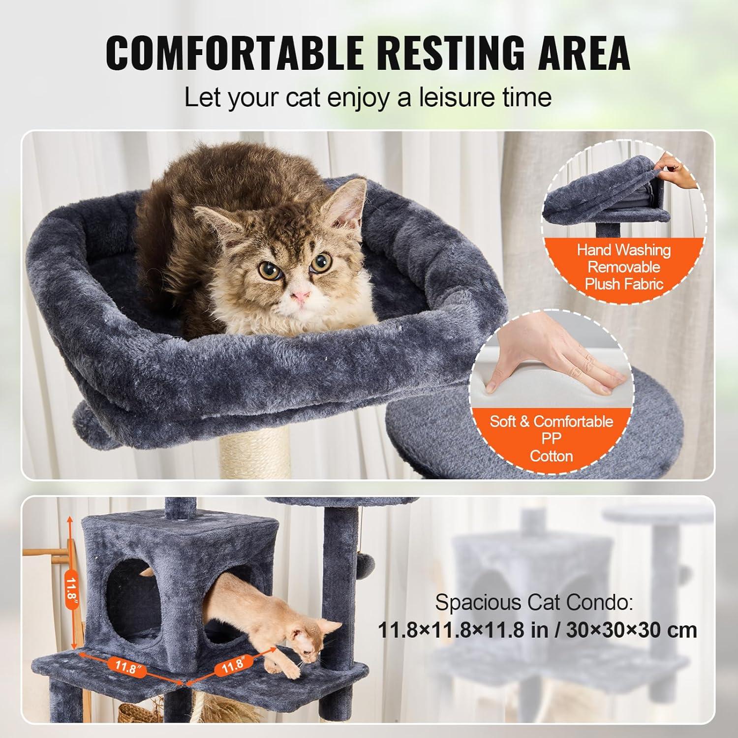 image:imageVEVOR Cat Tree for Indoor Cats 606 Cat Tower with Cat Condo Sisal Scratching Post Hammock Top Perch Jumping Platforms Large Cat Furniture Activity Center with Hang Ball Light GreyDark Grey