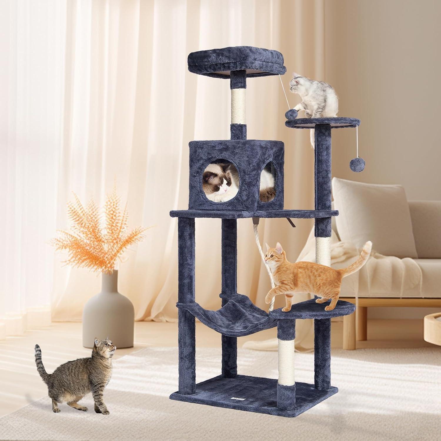 image:imageVEVOR Cat Tree for Indoor Cats 606 Cat Tower with Cat Condo Sisal Scratching Post Hammock Top Perch Jumping Platforms Large Cat Furniture Activity Center with Hang Ball Light GreyDark Grey