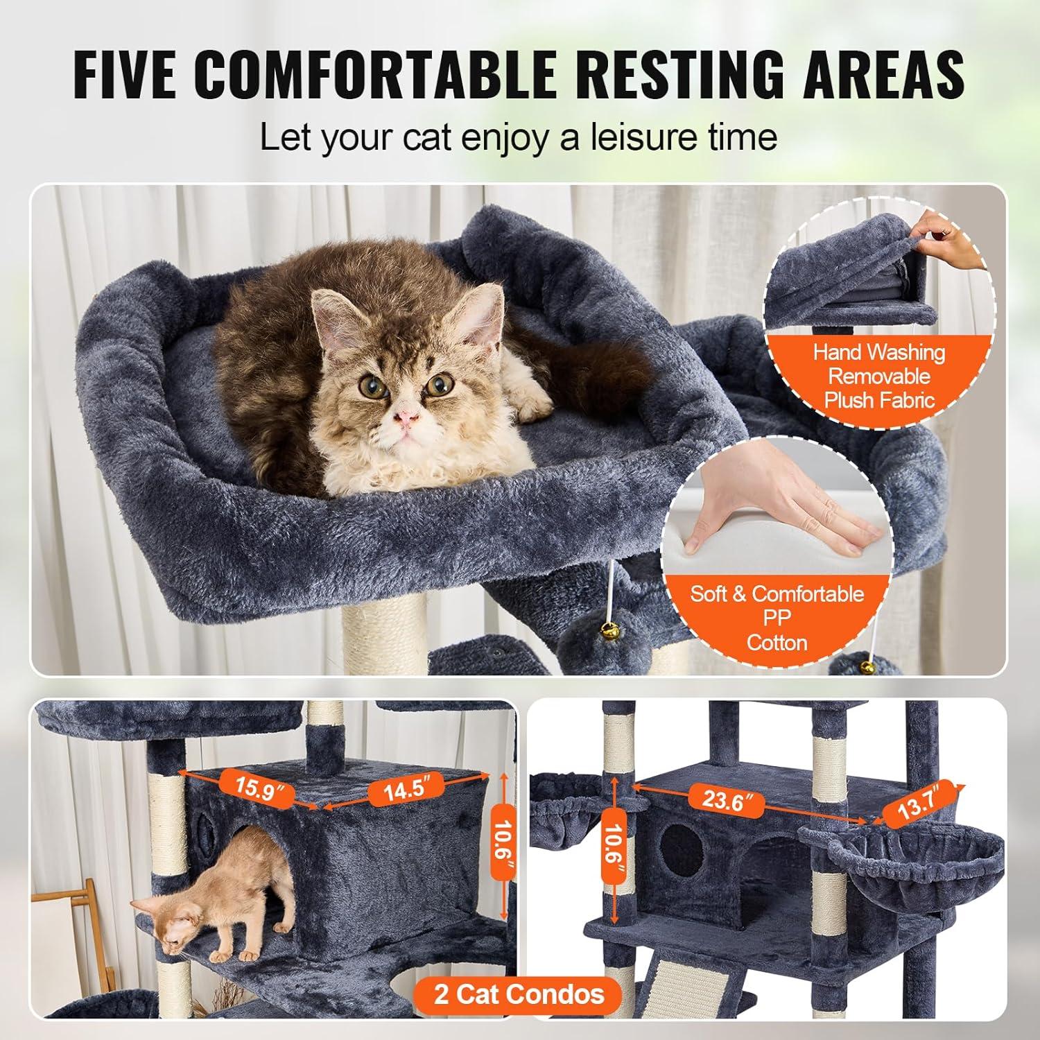 image:imageVEVOR Cat Tree for Indoor Cats 606 Cat Tower with Cat Condo Sisal Scratching Post Hammock Top Perch Jumping Platforms Large Cat Furniture Activity Center with Hang Ball Light GreyDark Grey