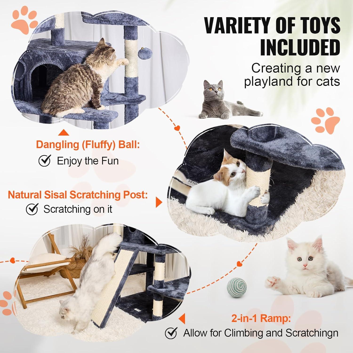 image:imageVEVOR Cat Tree for Indoor Cats 606 Cat Tower with Cat Condo Sisal Scratching Post Hammock Top Perch Jumping Platforms Large Cat Furniture Activity Center with Hang Ball Light GreyDark Grey