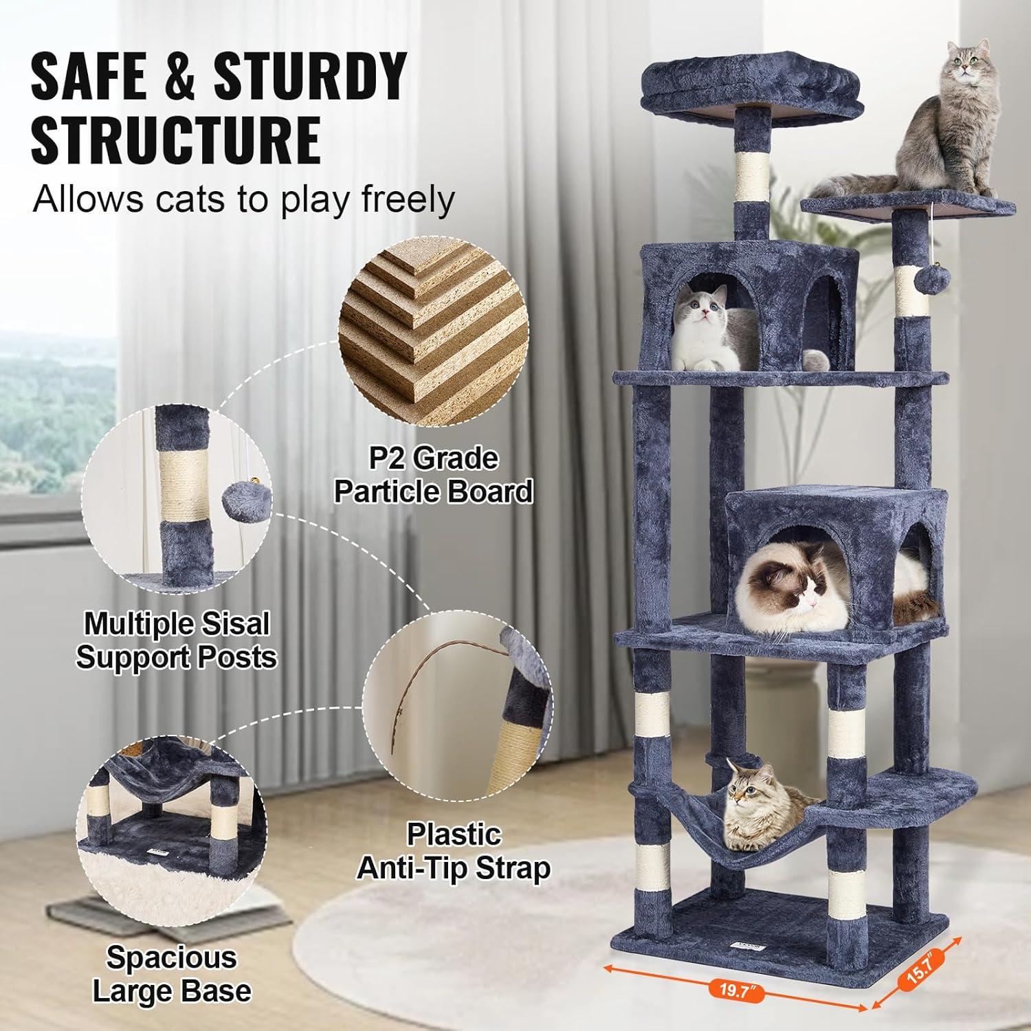 image:imageVEVOR Cat Tree for Indoor Cats 606 Cat Tower with Cat Condo Sisal Scratching Post Hammock Top Perch Jumping Platforms Large Cat Furniture Activity Center with Hang Ball Light GreyDark Grey
