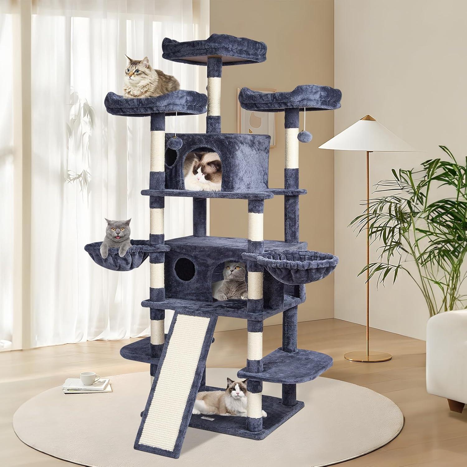 image:imageVEVOR Cat Tree for Indoor Cats 606 Cat Tower with Cat Condo Sisal Scratching Post Hammock Top Perch Jumping Platforms Large Cat Furniture Activity Center with Hang Ball Light GreyDark Grey