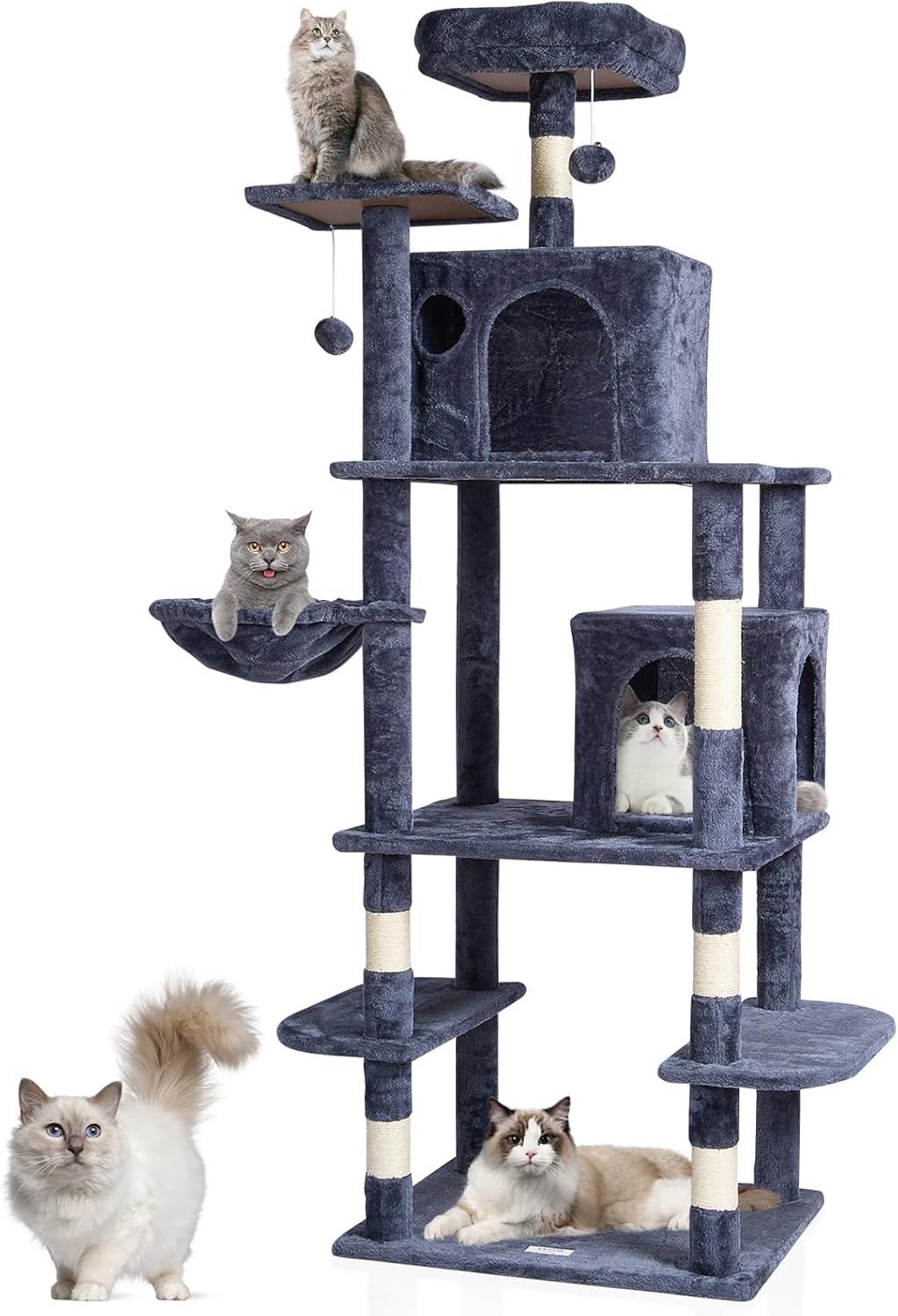 image:imageVEVOR Cat Tree for Indoor Cats 606 Cat Tower with Cat Condo Sisal Scratching Post Hammock Top Perch Jumping Platforms Large Cat Furniture Activity Center with Hang Ball Light GreyDark Grey