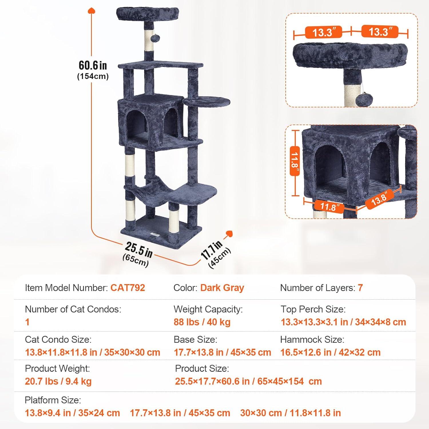 image:imageVEVOR Cat Tree for Indoor Cats 606 Cat Tower with Cat Condo Sisal Scratching Post Hammock Top Perch Jumping Platforms Large Cat Furniture Activity Center with Hang Ball Light GreyDark Grey