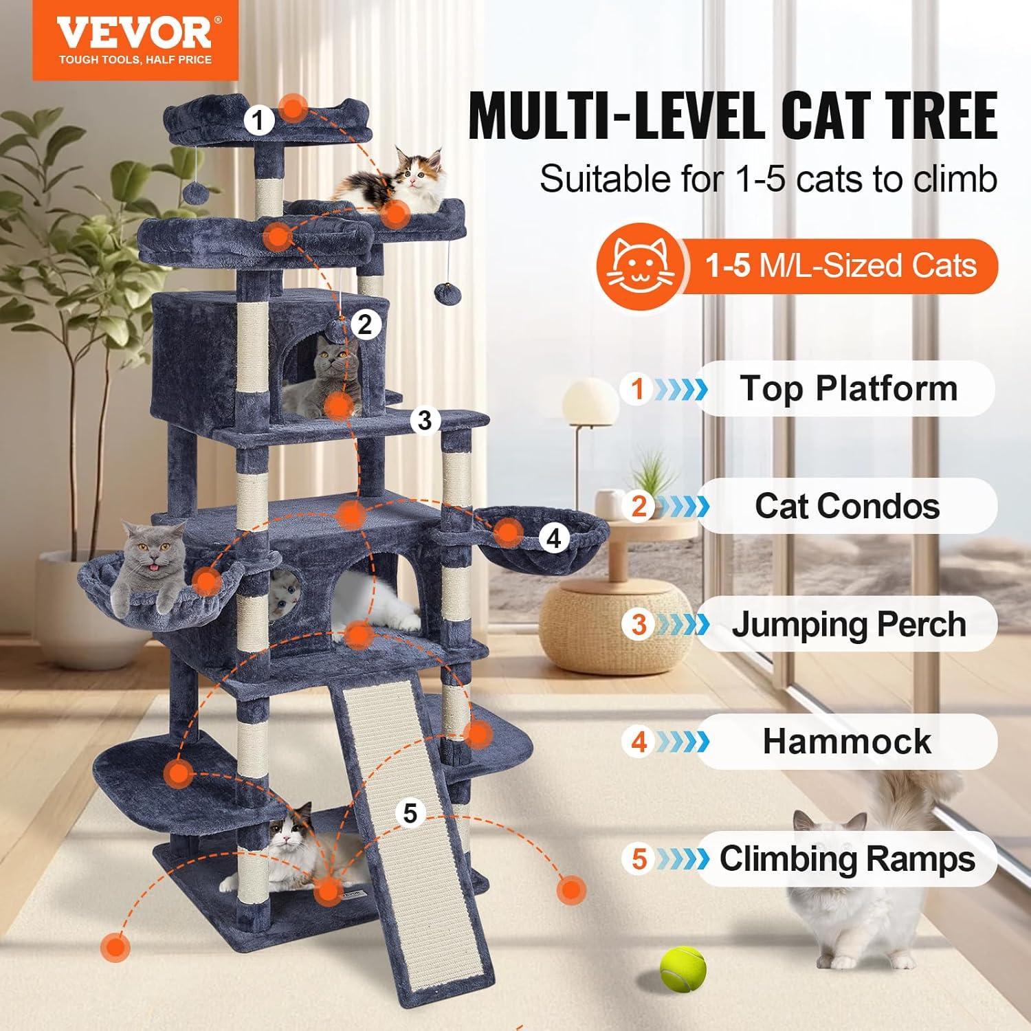 image:imageVEVOR Cat Tree for Indoor Cats 606 Cat Tower with Cat Condo Sisal Scratching Post Hammock Top Perch Jumping Platforms Large Cat Furniture Activity Center with Hang Ball Light GreyDark Grey