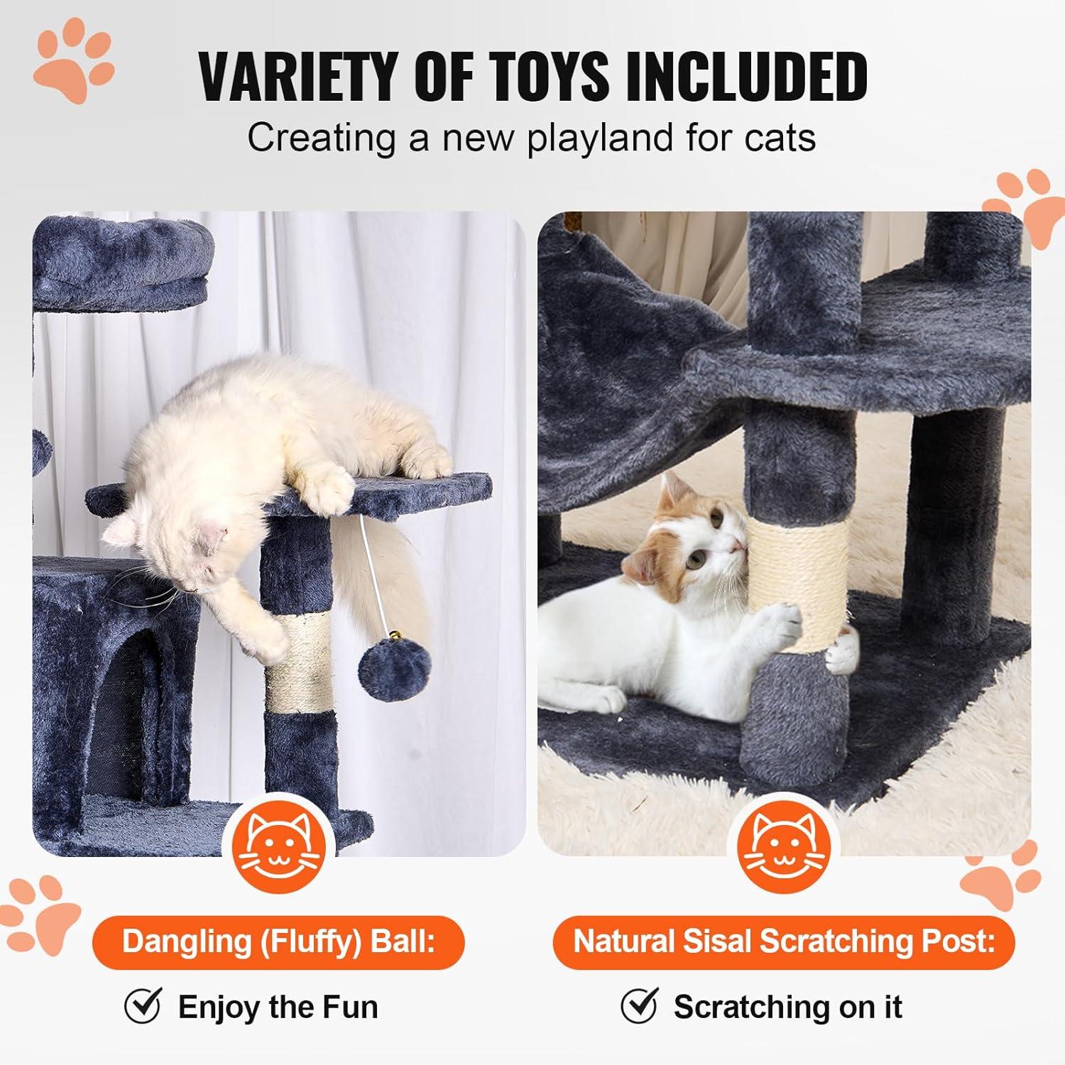 image:imageVEVOR Cat Tree for Indoor Cats 606 Cat Tower with Cat Condo Sisal Scratching Post Hammock Top Perch Jumping Platforms Large Cat Furniture Activity Center with Hang Ball Light GreyDark Grey
