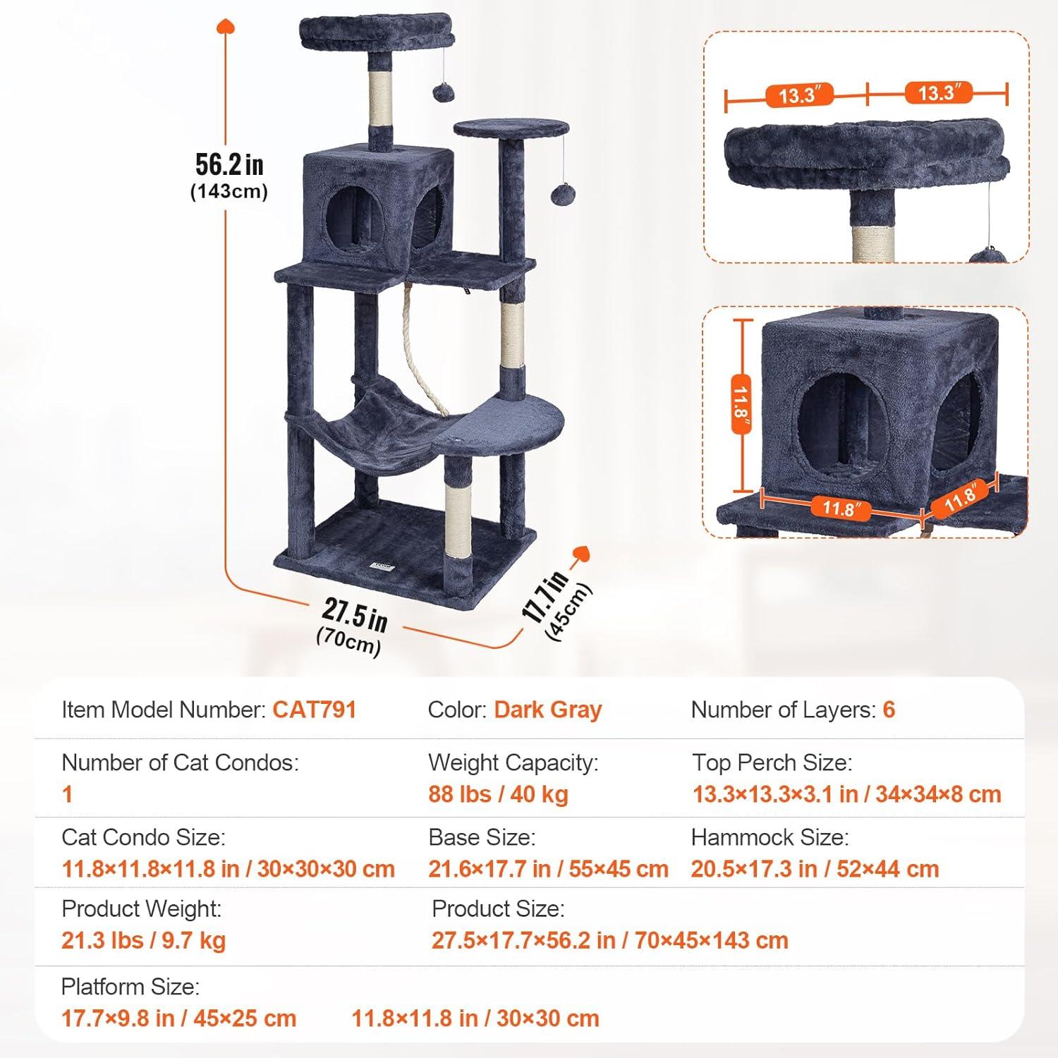image:imageVEVOR Cat Tree for Indoor Cats 606 Cat Tower with Cat Condo Sisal Scratching Post Hammock Top Perch Jumping Platforms Large Cat Furniture Activity Center with Hang Ball Light GreyDark Grey