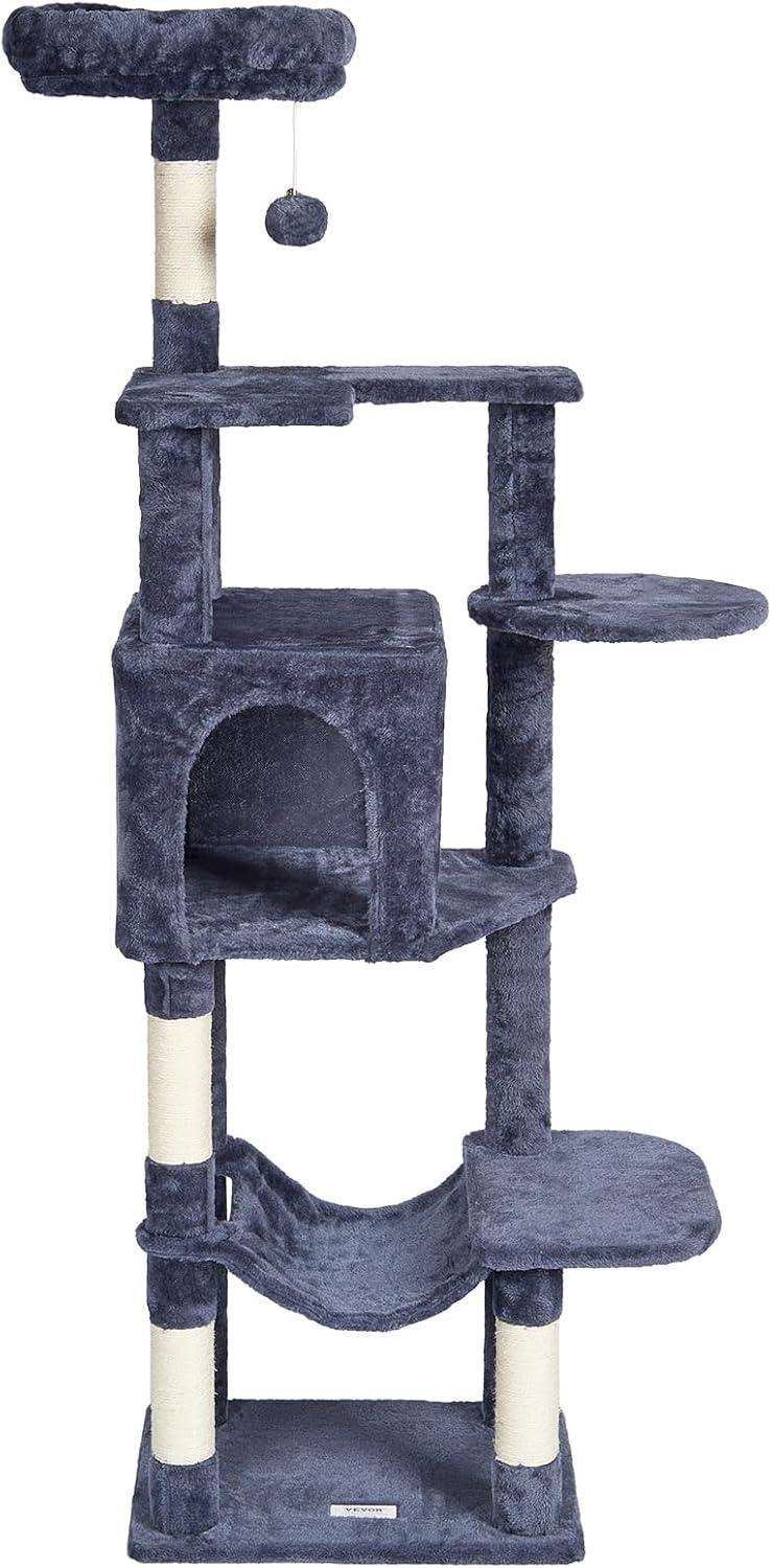 image:imageVEVOR Cat Tree for Indoor Cats 606 Cat Tower with Cat Condo Sisal Scratching Post Hammock Top Perch Jumping Platforms Large Cat Furniture Activity Center with Hang Ball Light GreyDark Grey