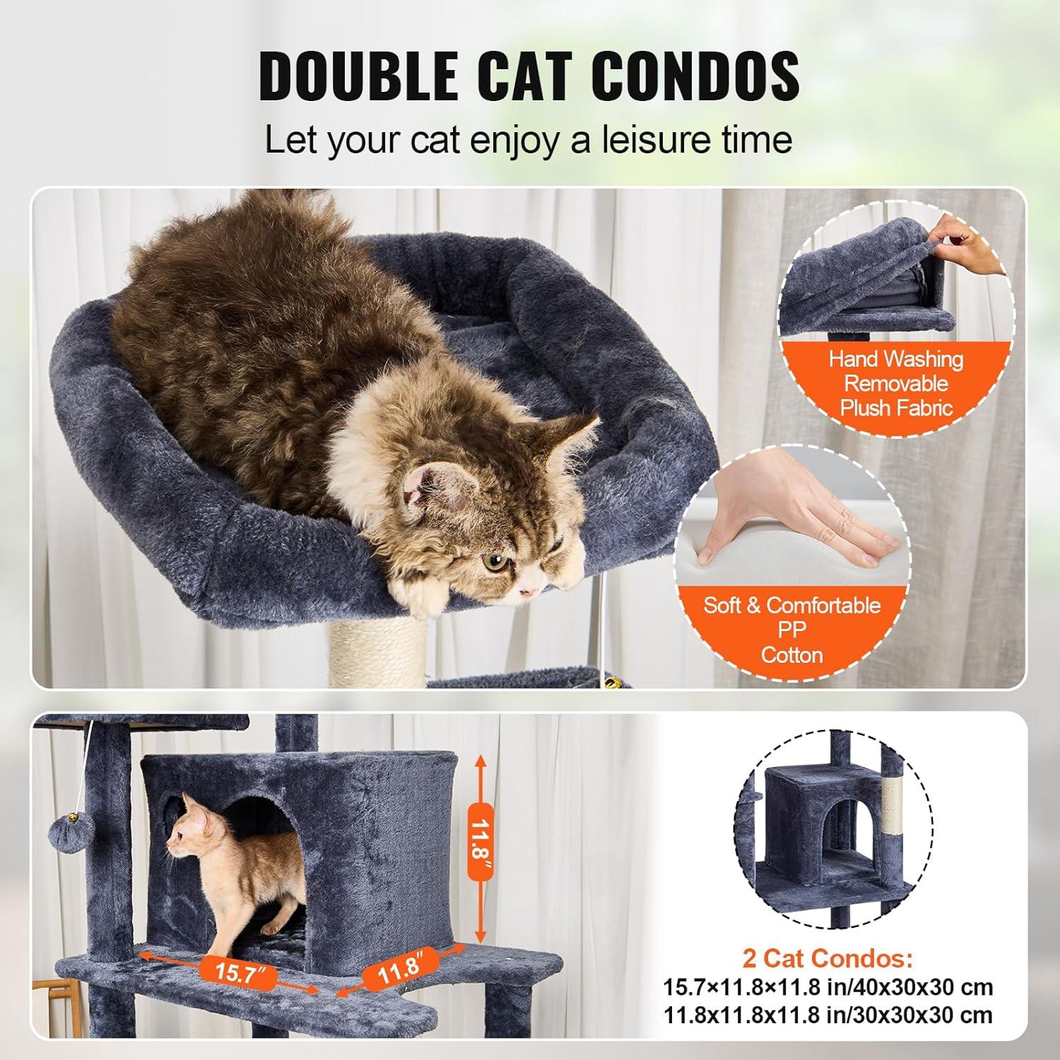 image:imageVEVOR Cat Tree for Indoor Cats 606 Cat Tower with Cat Condo Sisal Scratching Post Hammock Top Perch Jumping Platforms Large Cat Furniture Activity Center with Hang Ball Light GreyDark Grey