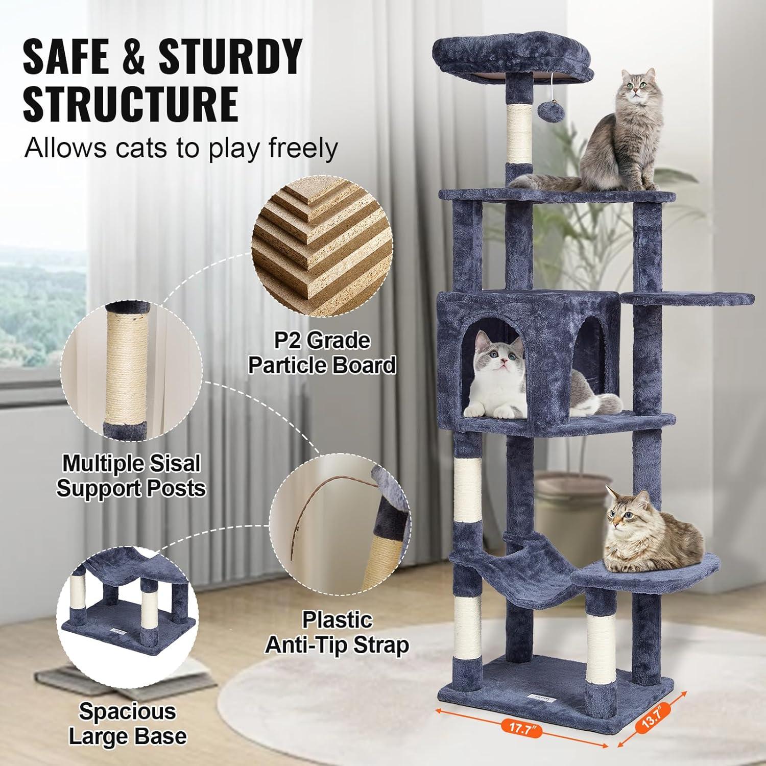image:imageVEVOR Cat Tree for Indoor Cats 606 Cat Tower with Cat Condo Sisal Scratching Post Hammock Top Perch Jumping Platforms Large Cat Furniture Activity Center with Hang Ball Light GreyDark Grey