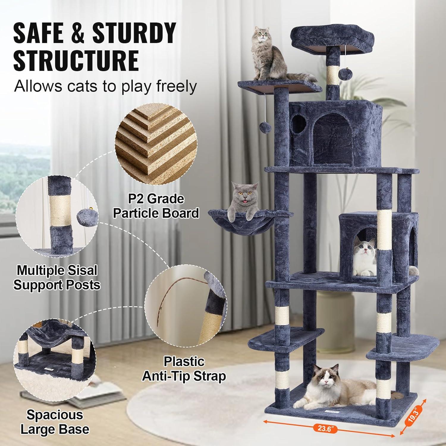 image:imageVEVOR Cat Tree for Indoor Cats 606 Cat Tower with Cat Condo Sisal Scratching Post Hammock Top Perch Jumping Platforms Large Cat Furniture Activity Center with Hang Ball Light GreyDark Grey