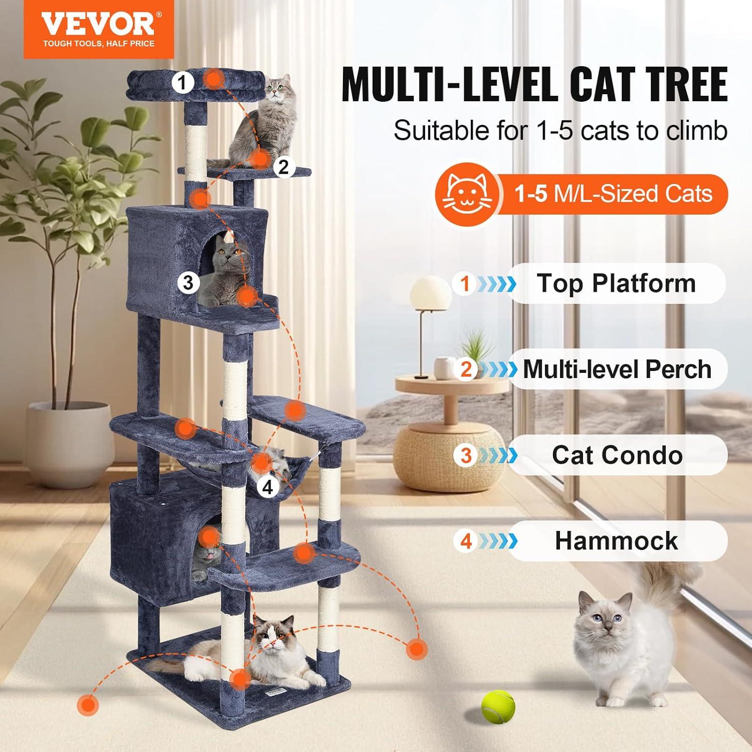 image:imageVEVOR Cat Tree for Indoor Cats 606 Cat Tower with Cat Condo Sisal Scratching Post Hammock Top Perch Jumping Platforms Large Cat Furniture Activity Center with Hang Ball Light GreyDark Grey