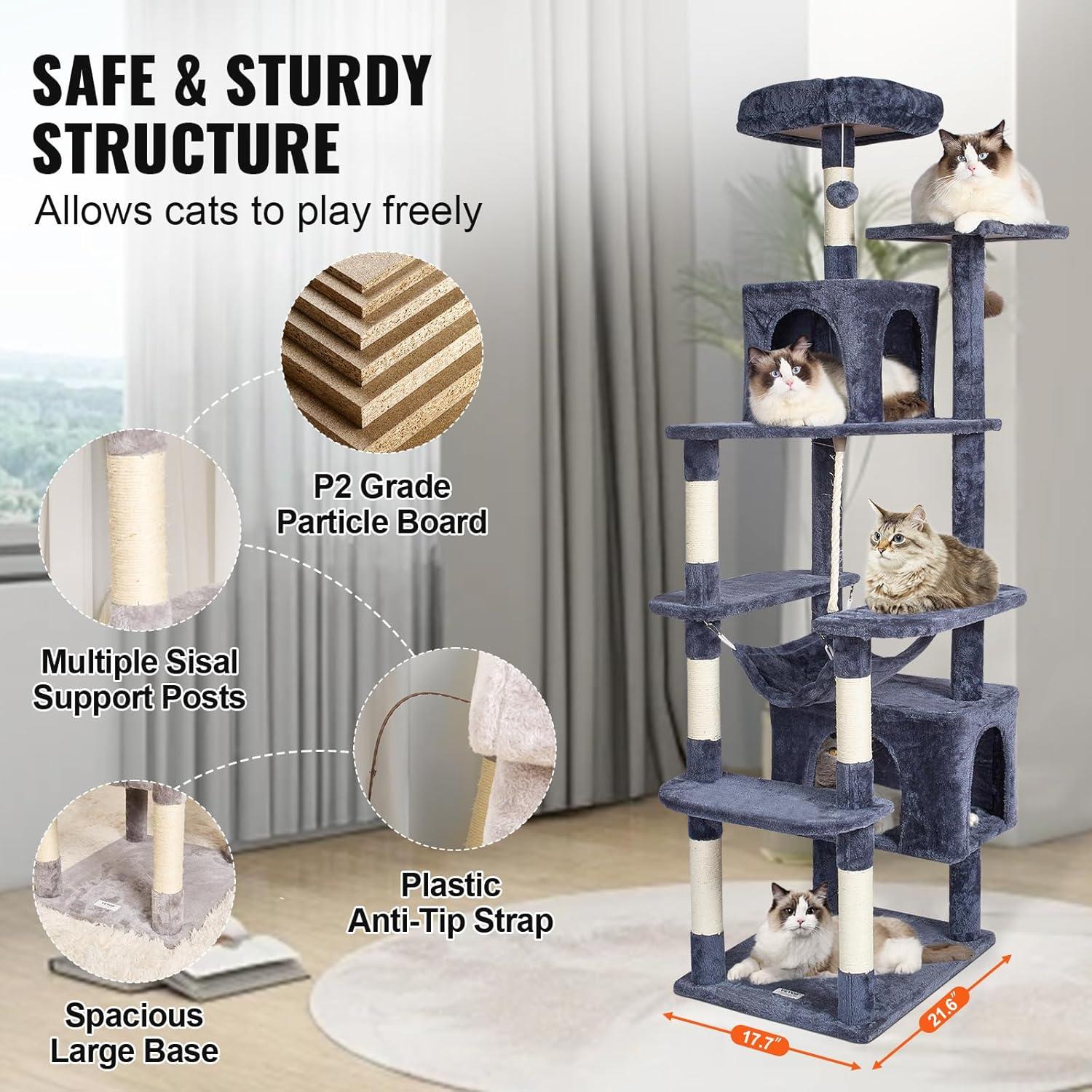 image:imageVEVOR Cat Tree for Indoor Cats 606 Cat Tower with Cat Condo Sisal Scratching Post Hammock Top Perch Jumping Platforms Large Cat Furniture Activity Center with Hang Ball Light GreyDark Grey