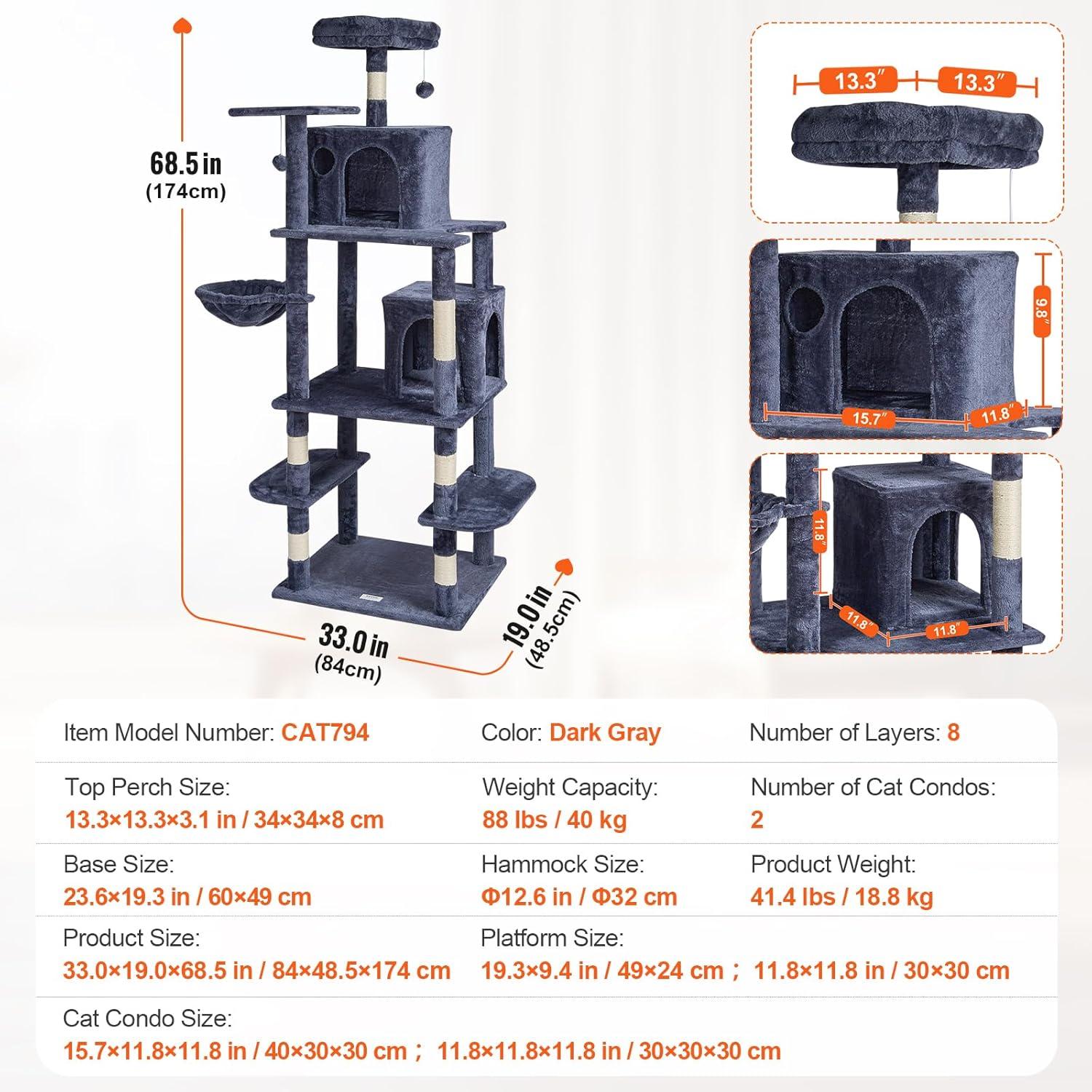image:imageVEVOR Cat Tree for Indoor Cats 606 Cat Tower with Cat Condo Sisal Scratching Post Hammock Top Perch Jumping Platforms Large Cat Furniture Activity Center with Hang Ball Light GreyDark Grey