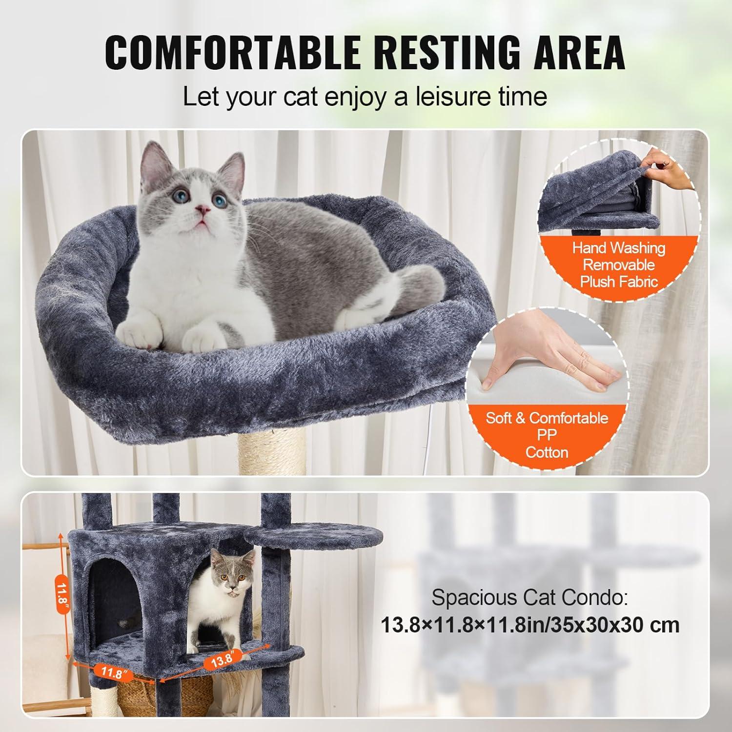 image:imageVEVOR Cat Tree for Indoor Cats 606 Cat Tower with Cat Condo Sisal Scratching Post Hammock Top Perch Jumping Platforms Large Cat Furniture Activity Center with Hang Ball Light GreyDark Grey