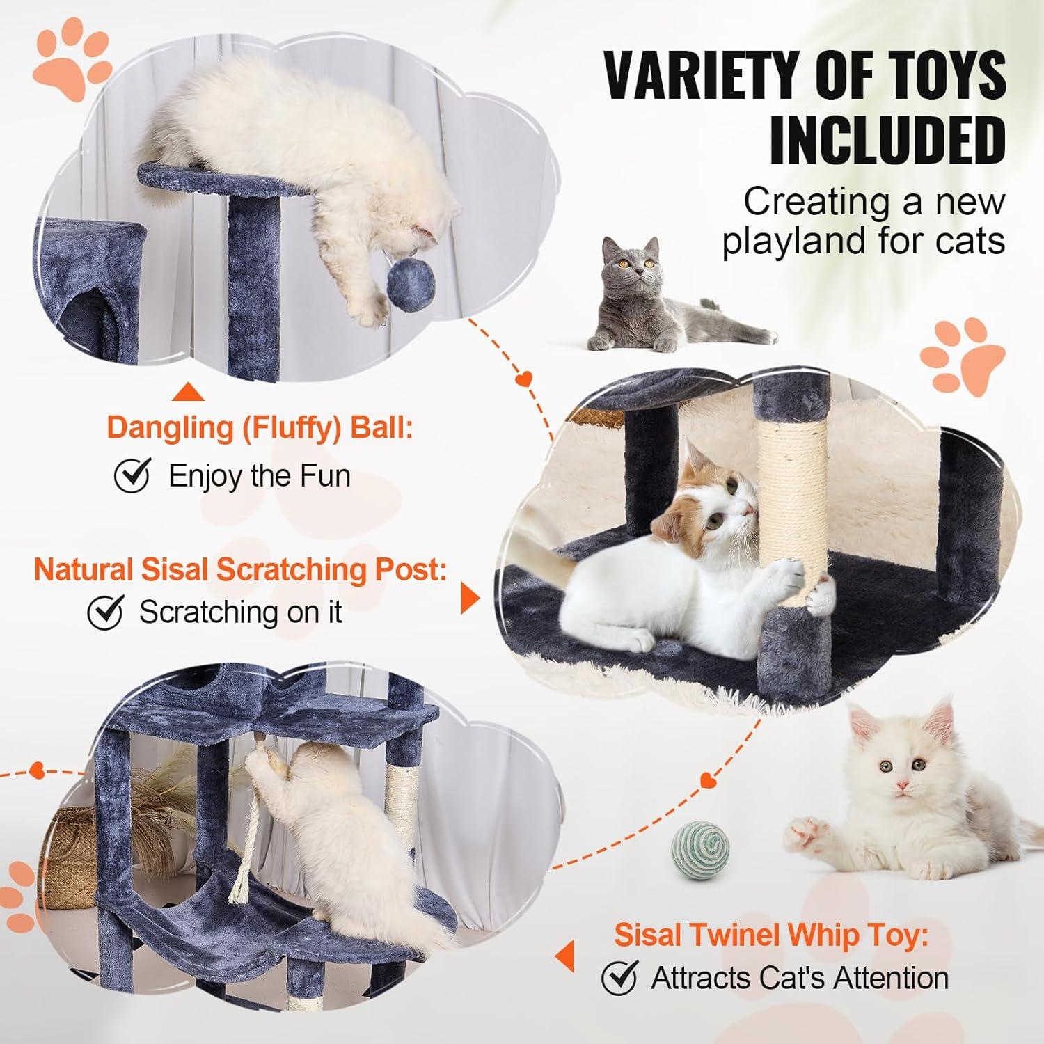 image:imageVEVOR Cat Tree for Indoor Cats 606 Cat Tower with Cat Condo Sisal Scratching Post Hammock Top Perch Jumping Platforms Large Cat Furniture Activity Center with Hang Ball Light GreyDark Grey