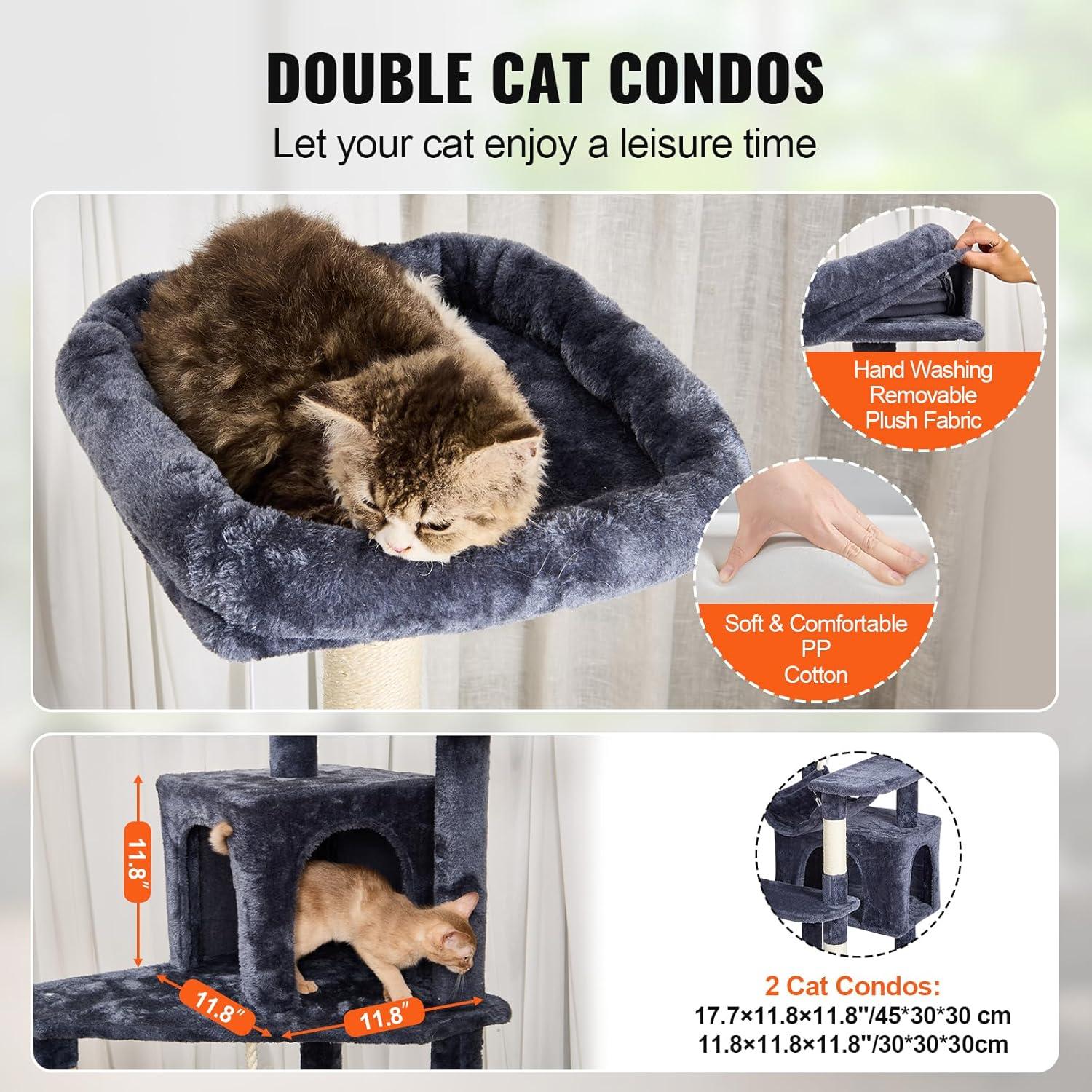 image:imageVEVOR Cat Tree for Indoor Cats 606 Cat Tower with Cat Condo Sisal Scratching Post Hammock Top Perch Jumping Platforms Large Cat Furniture Activity Center with Hang Ball Light GreyDark Grey