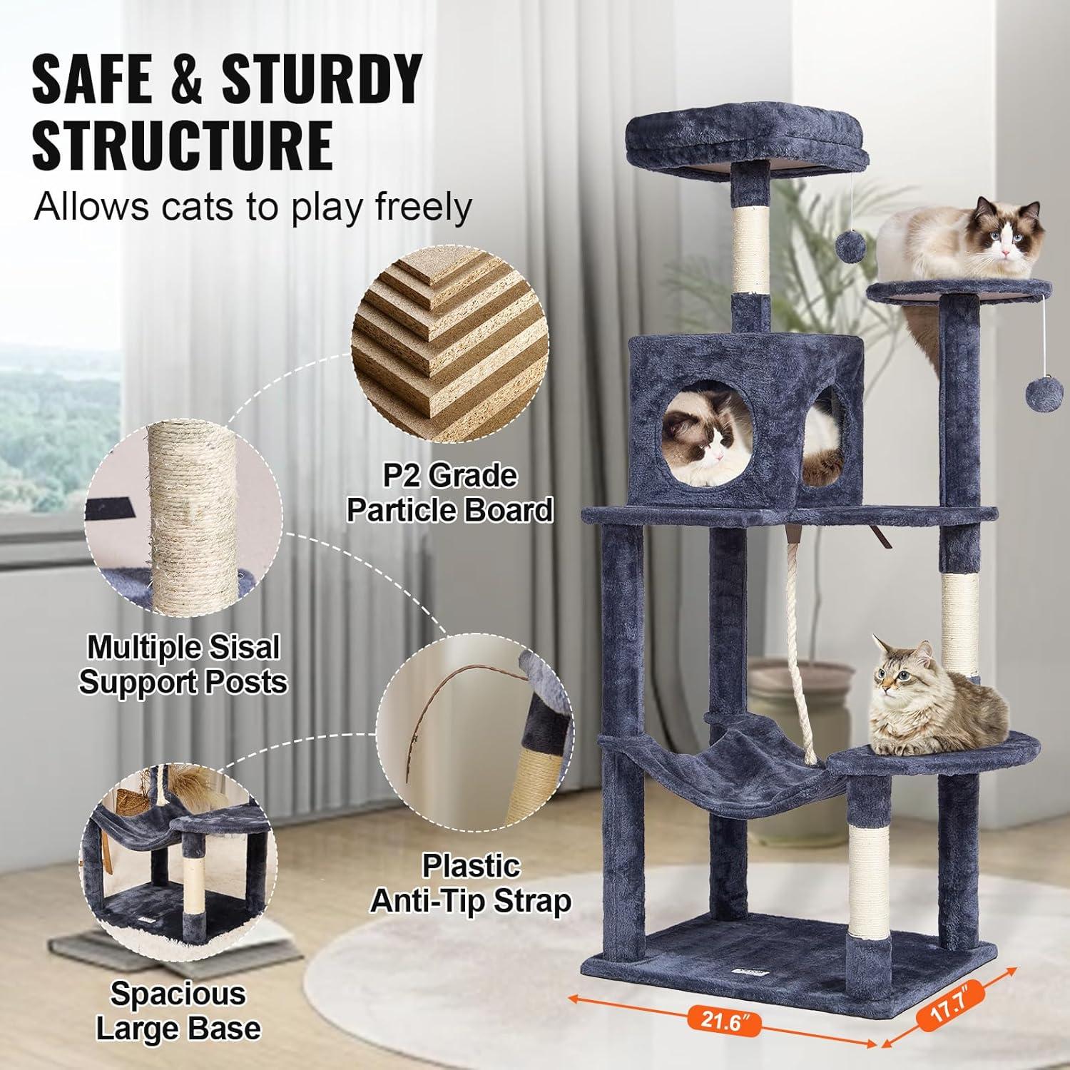 image:imageVEVOR Cat Tree for Indoor Cats 606 Cat Tower with Cat Condo Sisal Scratching Post Hammock Top Perch Jumping Platforms Large Cat Furniture Activity Center with Hang Ball Light GreyDark Grey