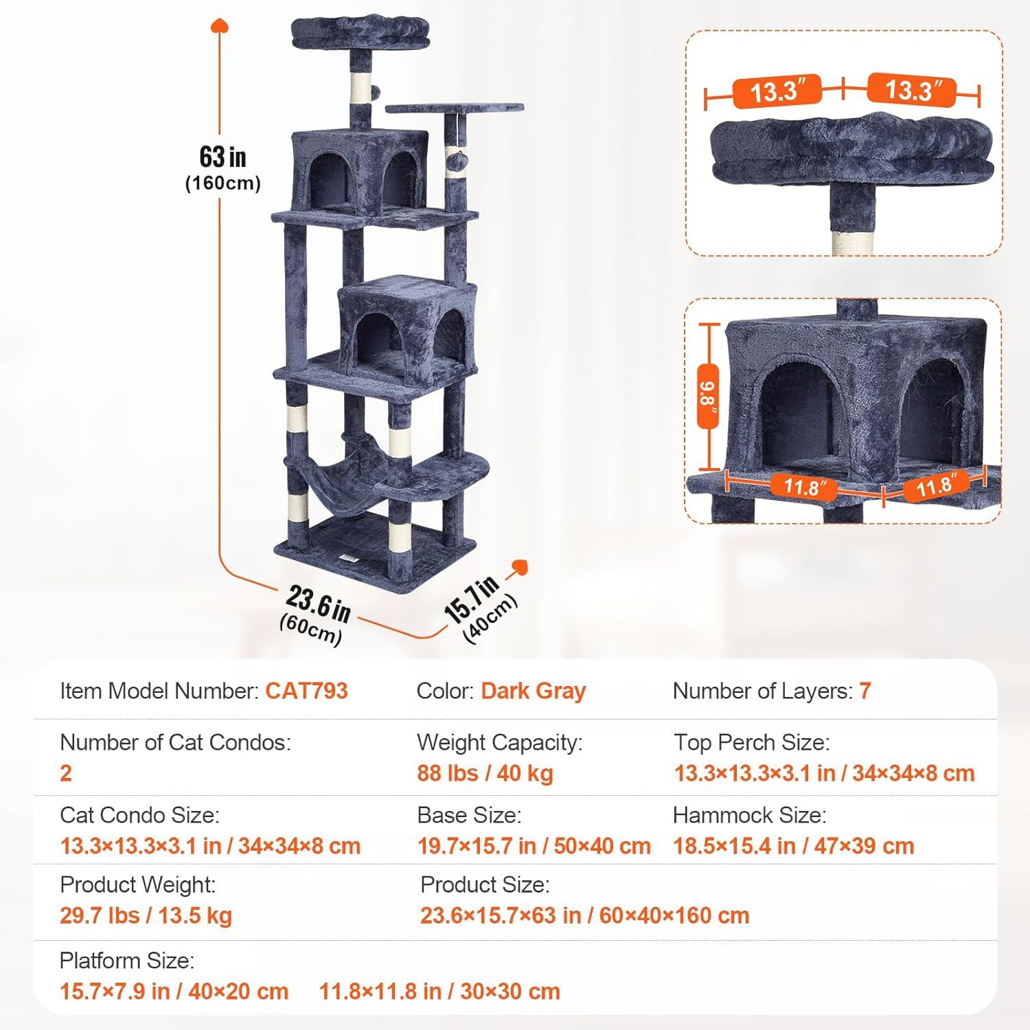 image:imageVEVOR Cat Tree for Indoor Cats 606 Cat Tower with Cat Condo Sisal Scratching Post Hammock Top Perch Jumping Platforms Large Cat Furniture Activity Center with Hang Ball Light GreyDark Grey