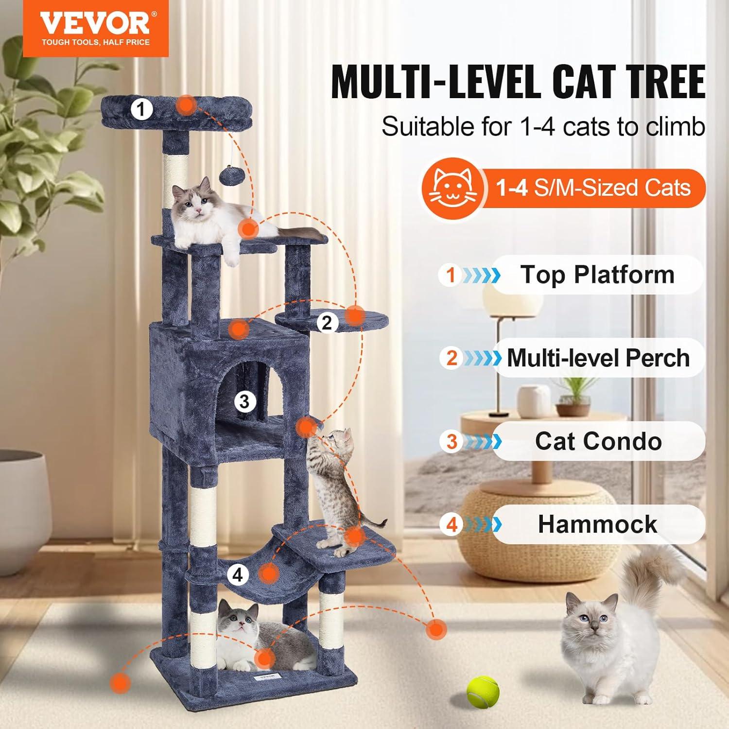 image:imageVEVOR Cat Tree for Indoor Cats 606 Cat Tower with Cat Condo Sisal Scratching Post Hammock Top Perch Jumping Platforms Large Cat Furniture Activity Center with Hang Ball Light GreyDark Grey