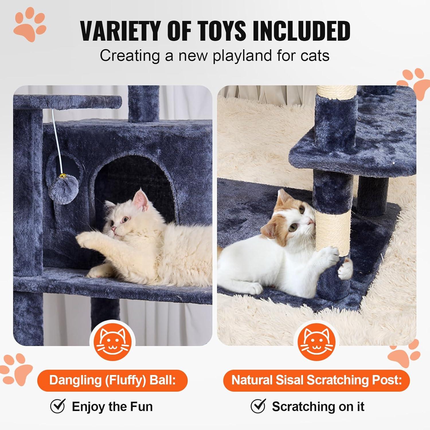 image:imageVEVOR Cat Tree for Indoor Cats 606 Cat Tower with Cat Condo Sisal Scratching Post Hammock Top Perch Jumping Platforms Large Cat Furniture Activity Center with Hang Ball Light GreyDark Grey