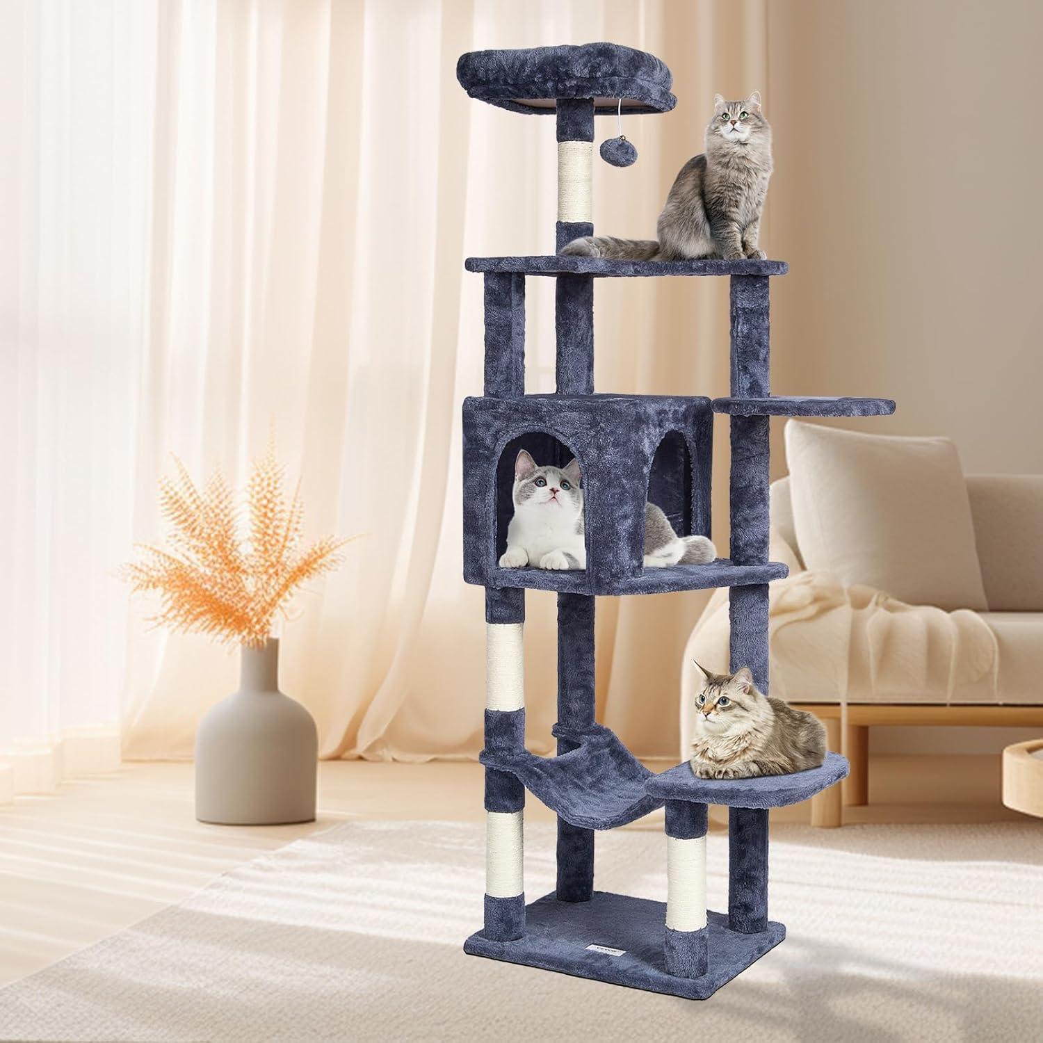 image:imageVEVOR Cat Tree for Indoor Cats 606 Cat Tower with Cat Condo Sisal Scratching Post Hammock Top Perch Jumping Platforms Large Cat Furniture Activity Center with Hang Ball Light GreyDark Grey