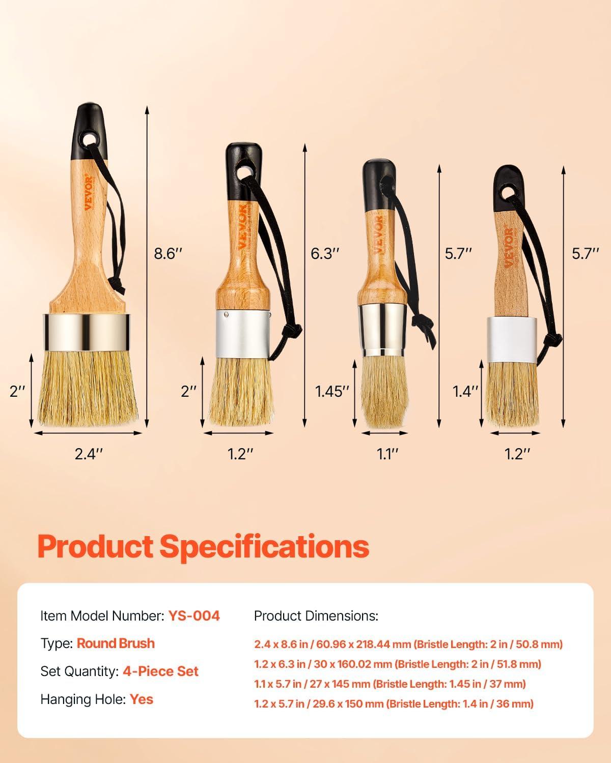 image:imageVEVOR Chalk Wax Paint Brush 4 Piece Wax Paint Brush Stain Brushes for Furniture Acrylic PaintingMilk PaintHome Decor Natural Bristle Round Oval Chalk Paint Brushes for All Painting and Waxing4 PCS