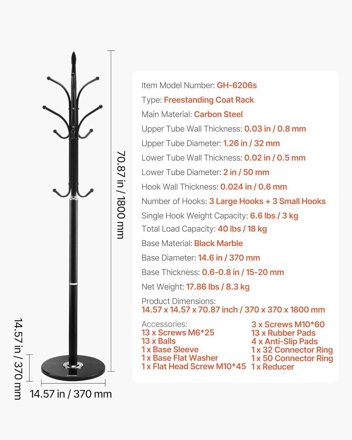 image:imageVEVOR Coat Rack Freestanding Coats Rack Stand with Quartz Stone Base amp 3 Round Hooks Free Standing Hall Coat Tree for Entryway Bedroom Living Room Stylish Clothes Hanger Stand for Coats Hat BagHook