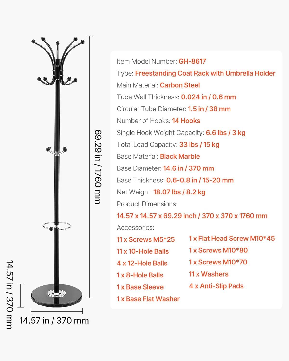 image:imageVEVOR Coat Rack Freestanding Coats Rack Stand with Quartz Stone Base amp 3 Round Hooks Free Standing Hall Coat Tree for Entryway Bedroom Living Room Stylish Clothes Hanger Stand for Coats Hat Bagwith Umbrella Holder