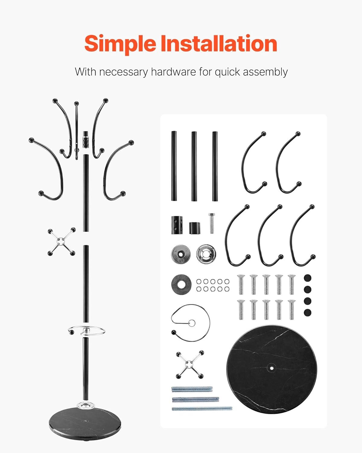 image:imageVEVOR Coat Rack Freestanding Coats Rack Stand with Quartz Stone Base amp 3 Round Hooks Free Standing Hall Coat Tree for Entryway Bedroom Living Room Stylish Clothes Hanger Stand for Coats Hat Bagwith Umbrella Holder