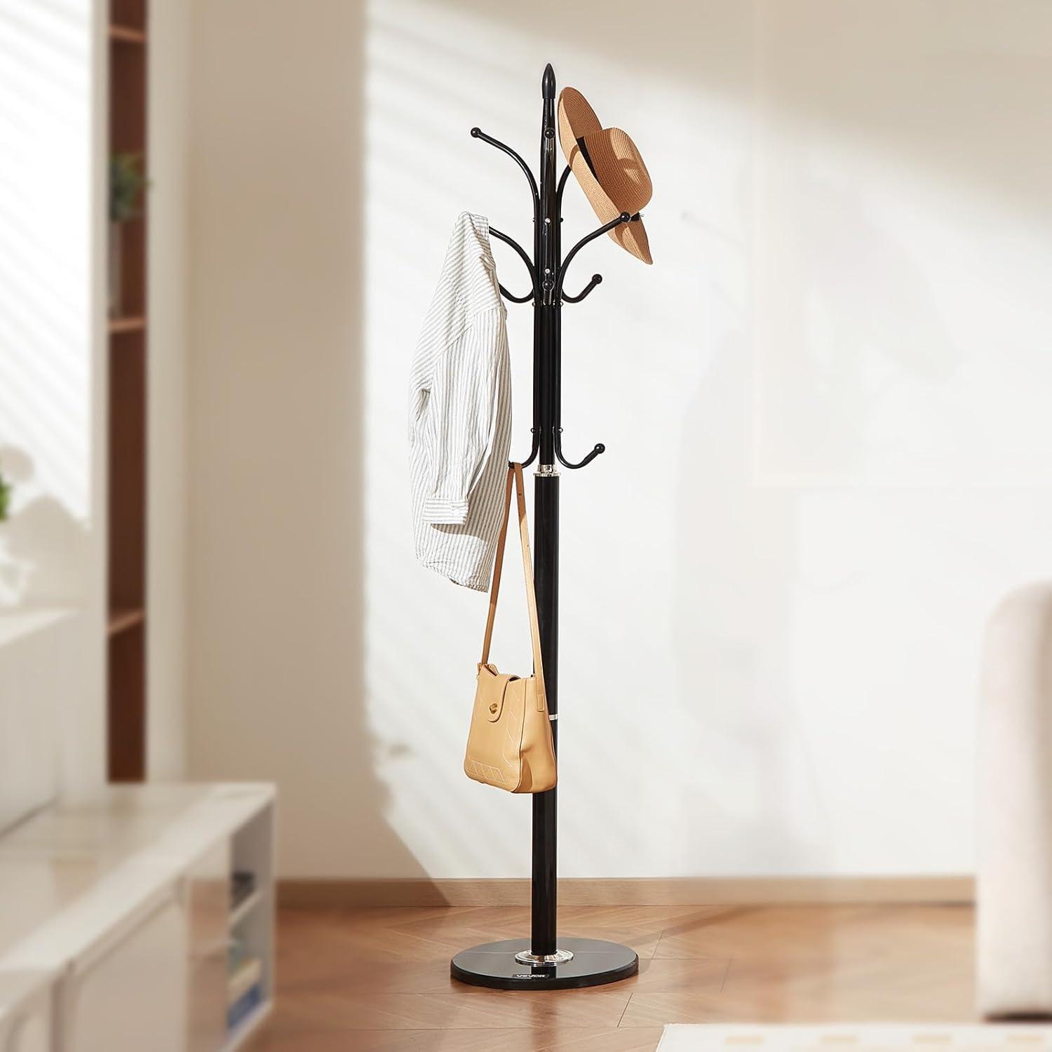 image:imageVEVOR Coat Rack Freestanding Coats Rack Stand with Quartz Stone Base amp 3 Round Hooks Free Standing Hall Coat Tree for Entryway Bedroom Living Room Stylish Clothes Hanger Stand for Coats Hat BagHook