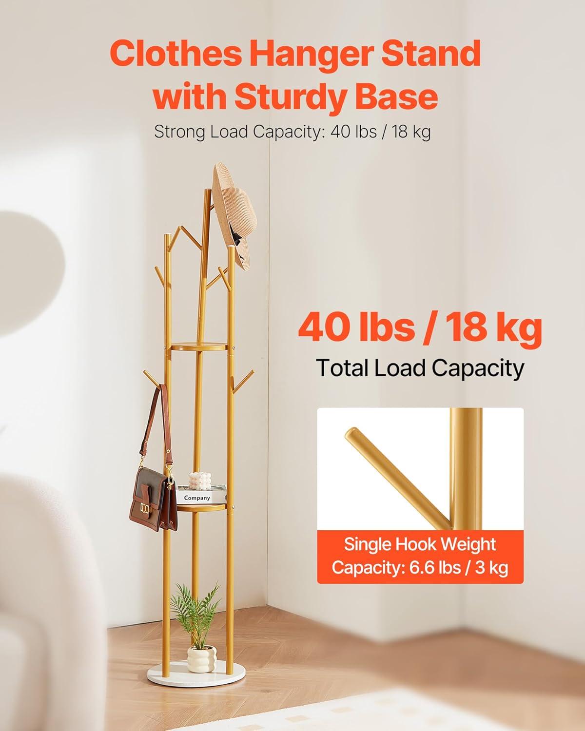 image:imageVEVOR Coat Rack Freestanding Coats Rack Stand with Quartz Stone Base amp 3 Round Hooks Free Standing Hall Coat Tree for Entryway Bedroom Living Room Stylish Clothes Hanger Stand for Coats Hat Bagwith Storage Board